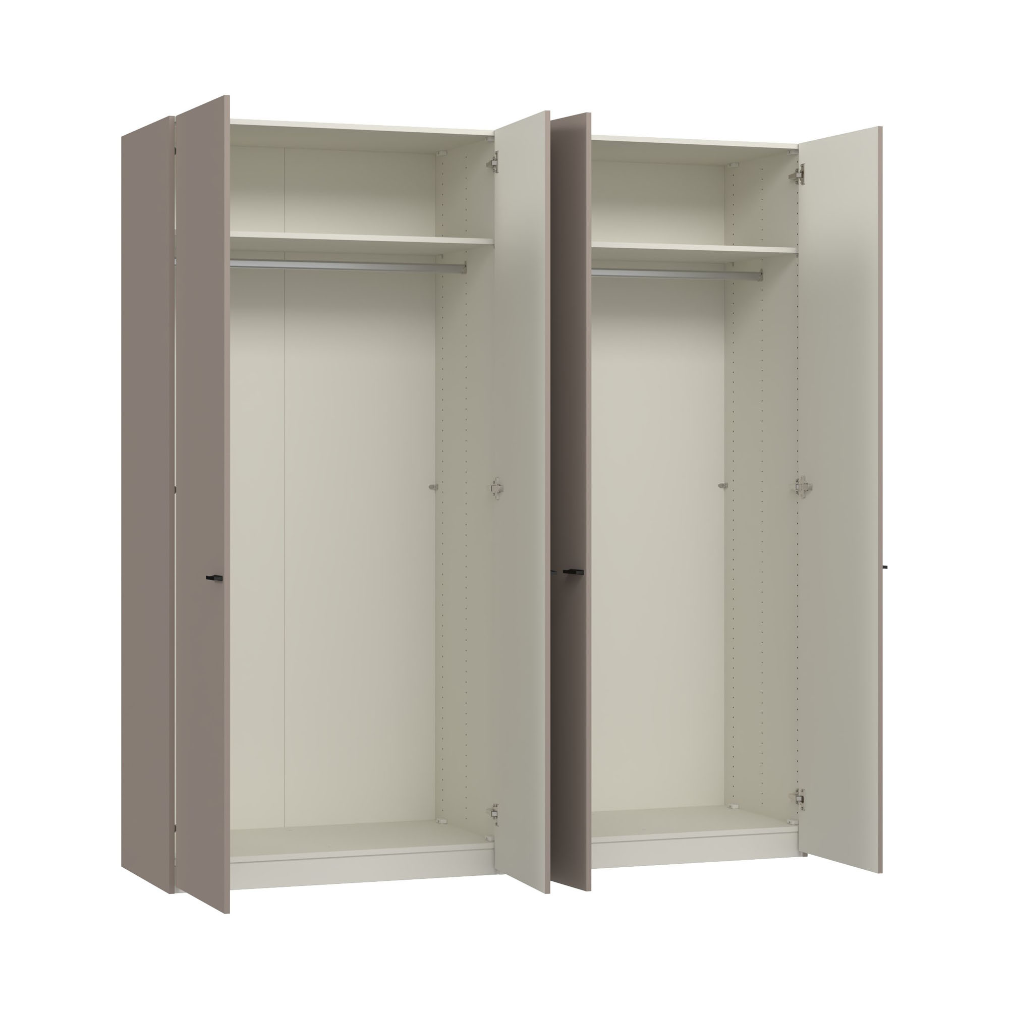 Kleiderschrank mit zwei geöffneten Drehtüren und Innenaufteilung mit Einlegeböden und Kleiderstangen
