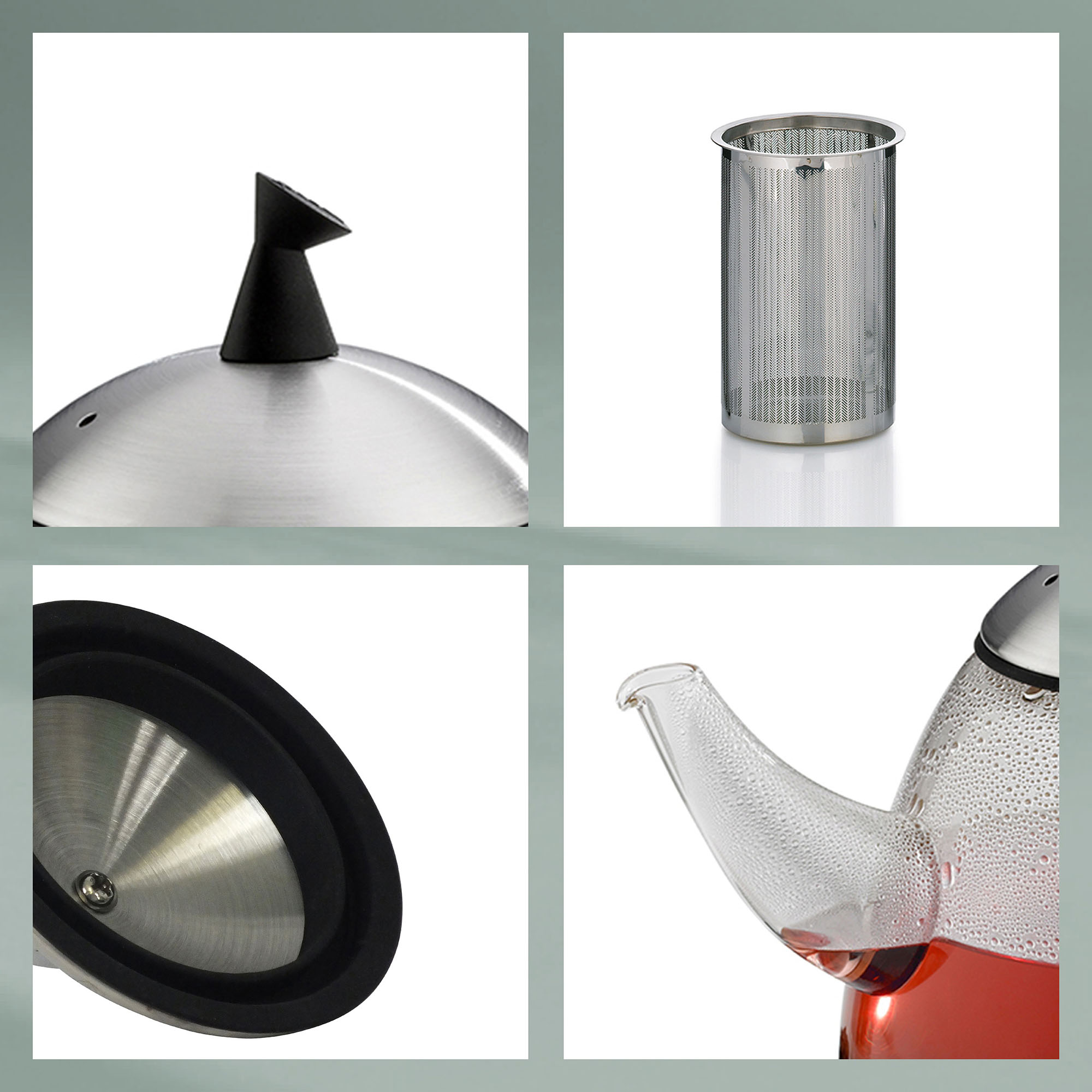 Vier Detailbilder einer transparenten Teekanne mit Deckel, Edelstahlfilter, Griff und Ausgießer