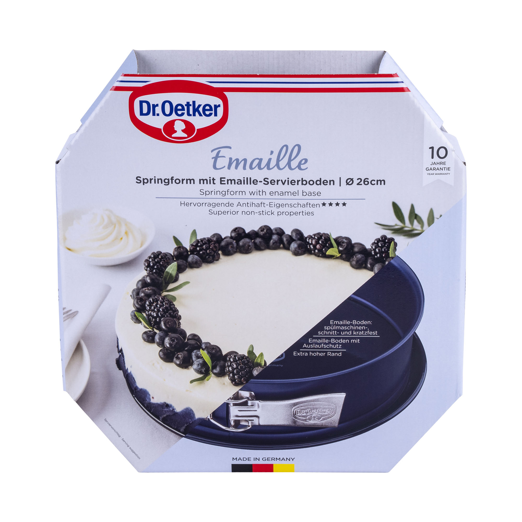 Verpackung der Emaille Springform 26 cm von Dr Oetker mit abgebildetem Kuchen