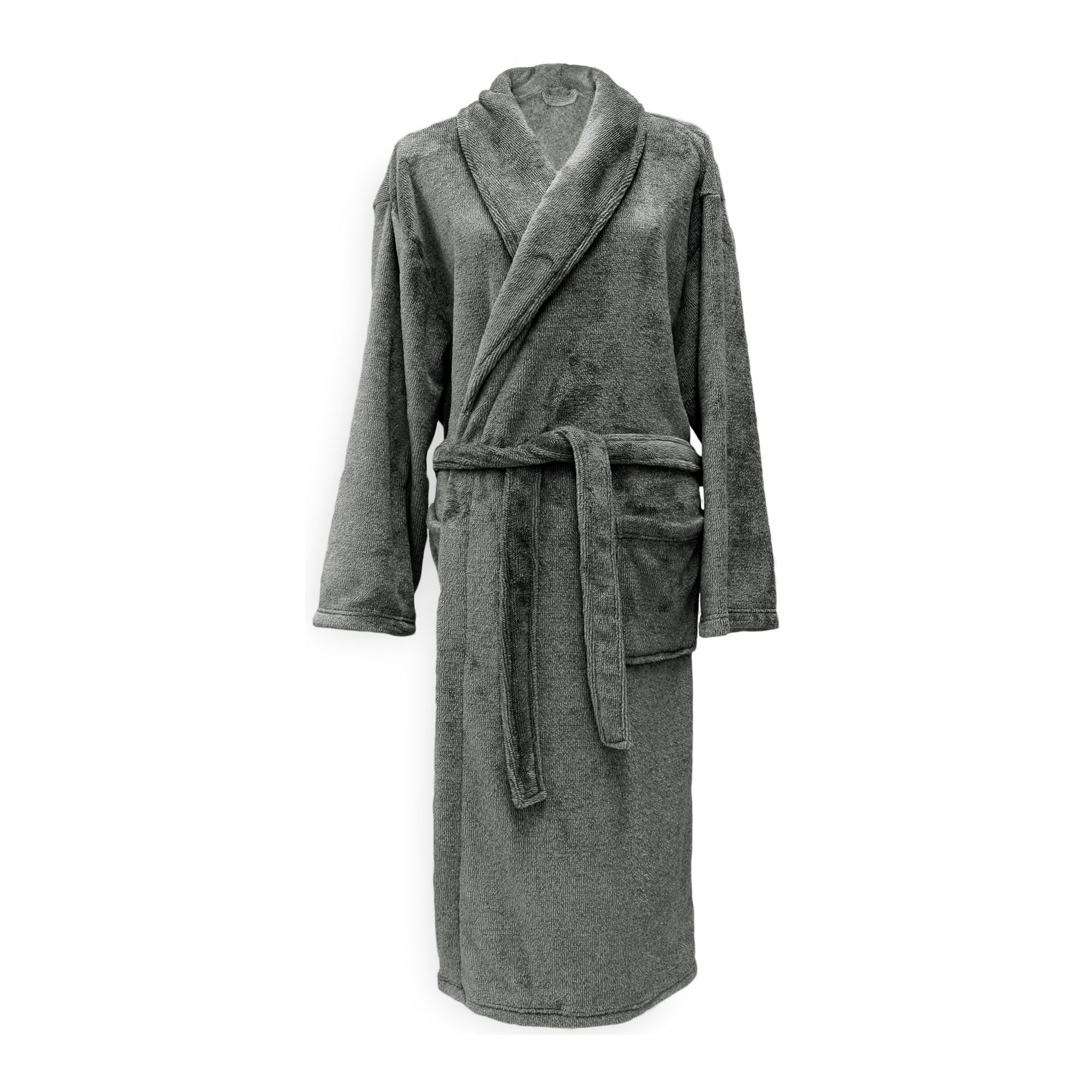 Cara Bademantel in Dark Grey, Größe L: langer Bademantel aus einfarbigem, flauschig wirkendem Stoff, mit Schalkragen, Bindegürtel und Taschen in Ganzansicht.