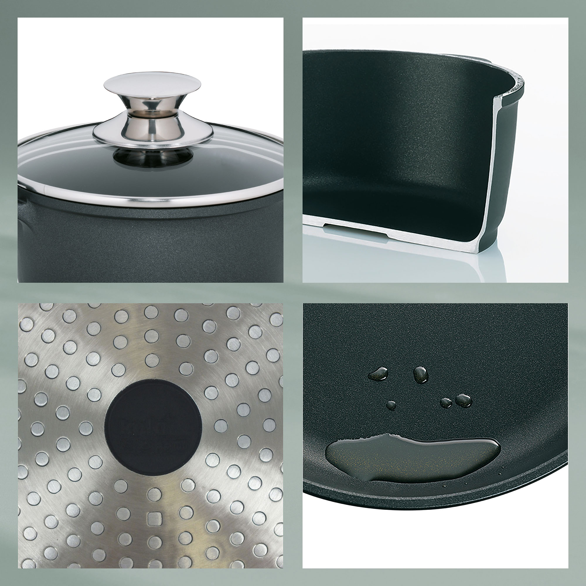Collage mit Nahaufnahmen eines schwarzen Woks, Glasdeckels, Bodens und Innenbeschichtung