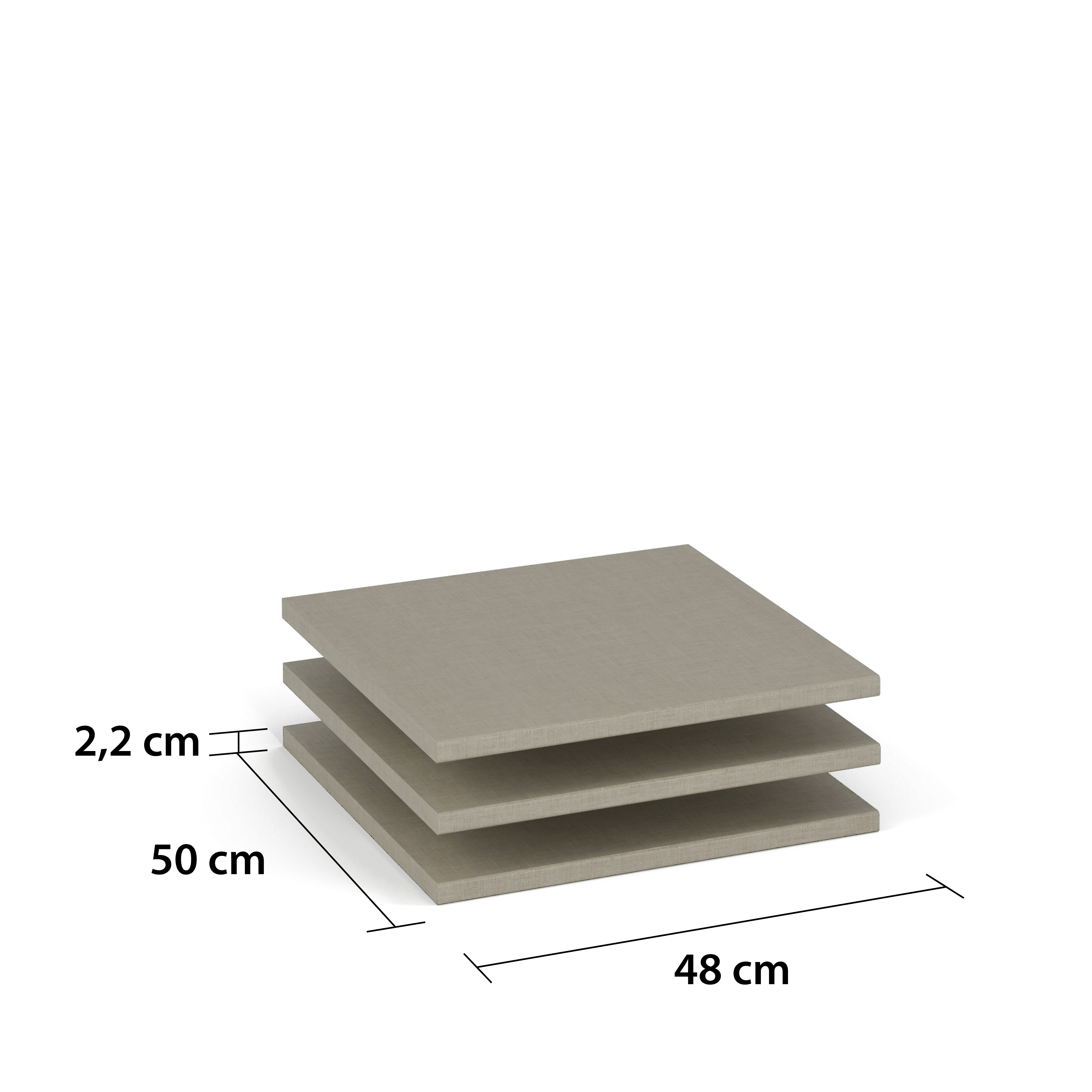 Drei flache, quadratische braune Platten liegen gestapelt aufeinander, daneben sind Maßangaben mit 2,2 cm Höhe, 50 cm Tiefe und 48 cm Breite angegeben