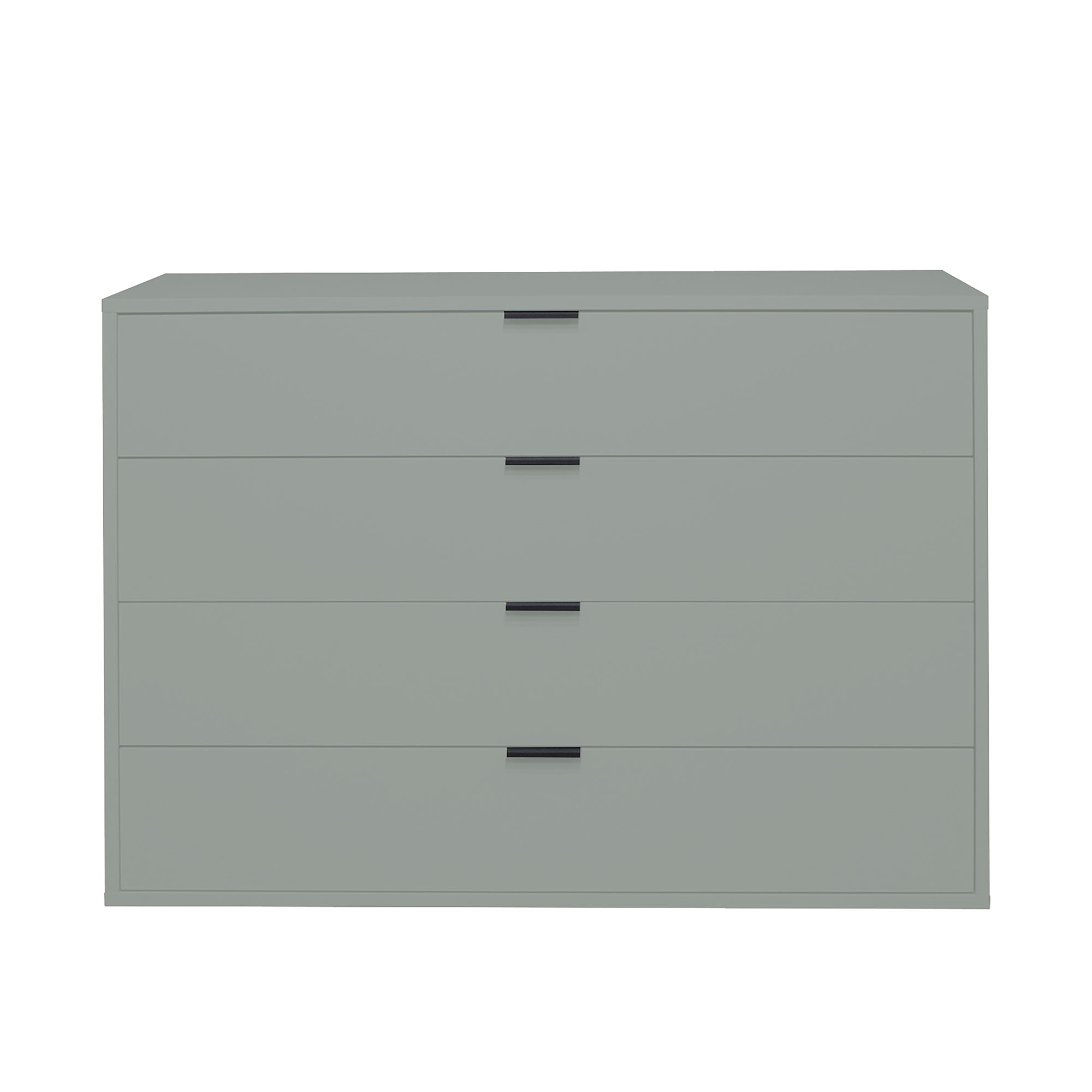 Frontalansicht einer modernen grauen Kommode mit vier Schubladen und minimalistischem Design