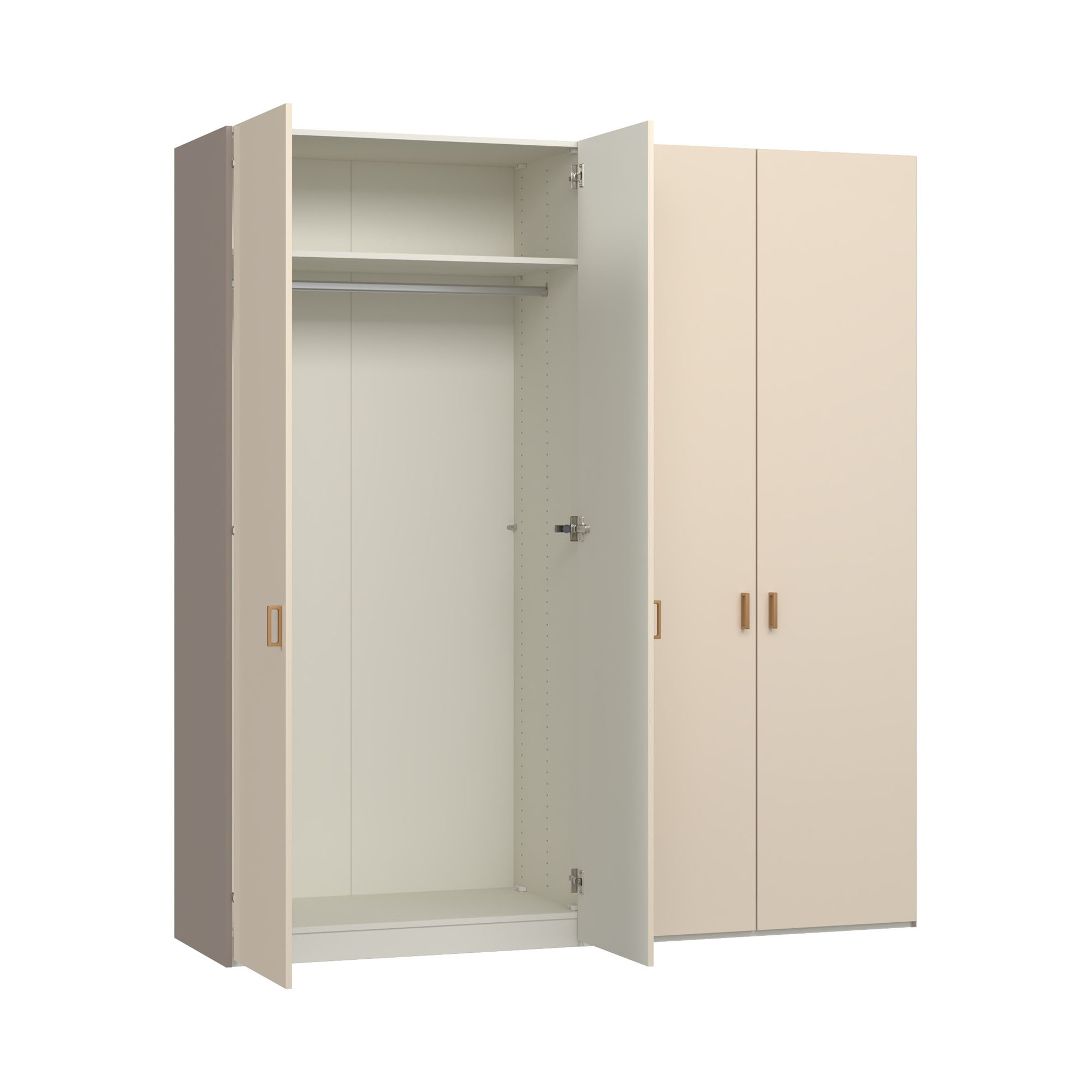 breiter Kleiderschrank mit weit geöffneter Tür und vollständig sichtbarem Innenraum