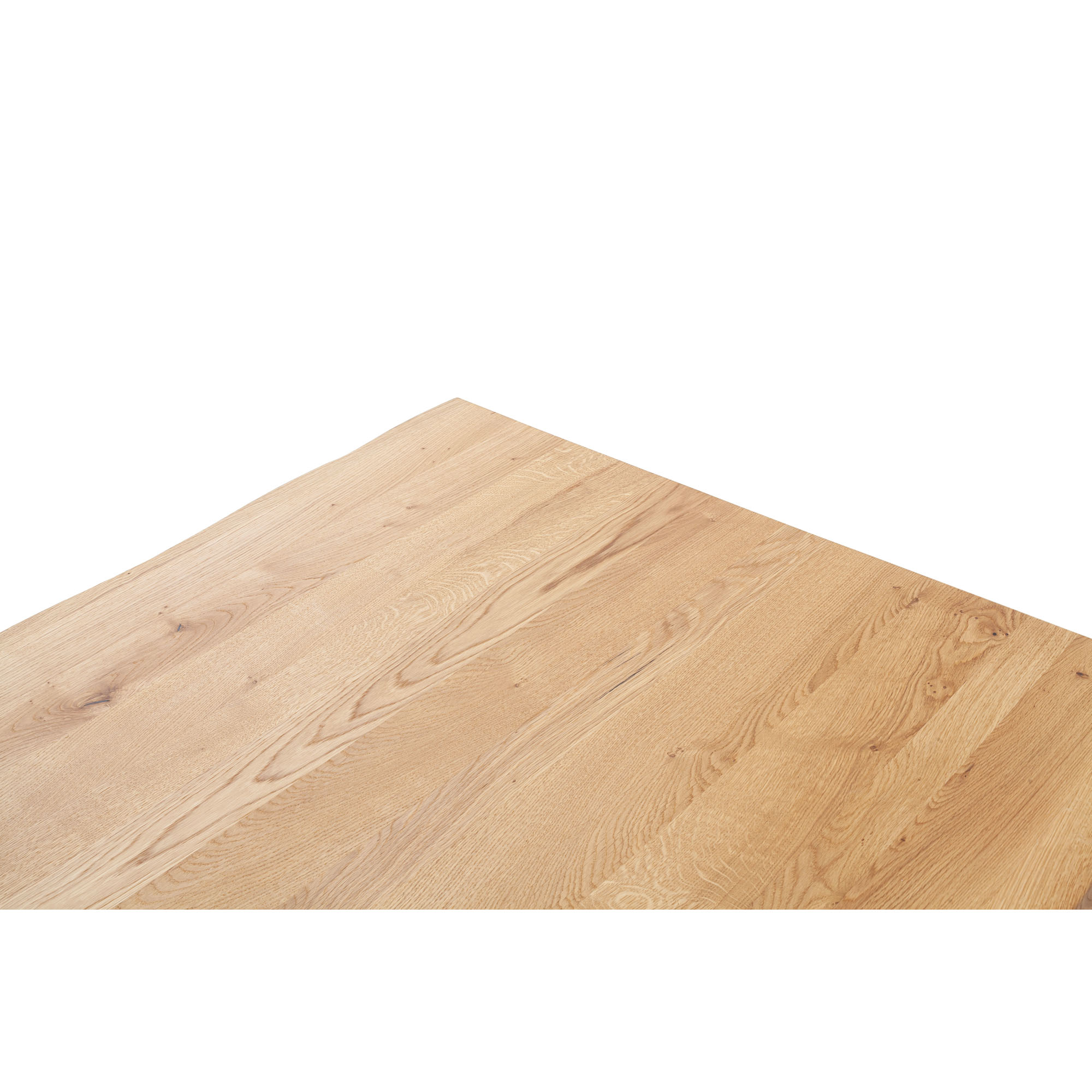 Detailaufnahme der hellen Holzoberfläche der Tischplatte mit feiner Maserung.