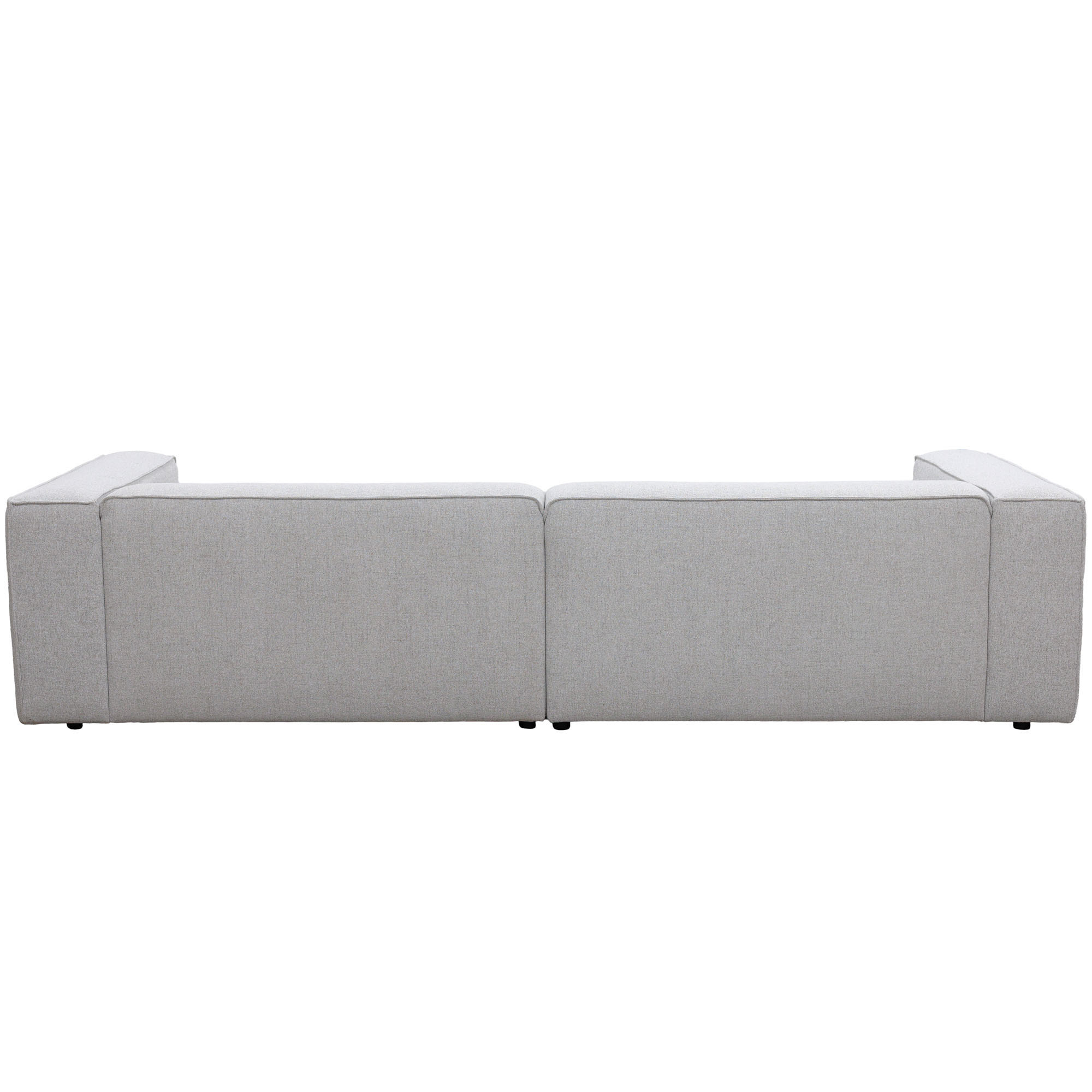Gerade Rückansicht des ca. 300 x 188 cm großen Ecksofas in Weiß. Die durchgehend gepolsterte Rückseite und die seitlichen Armlehnen sind deutlich zu sehen.