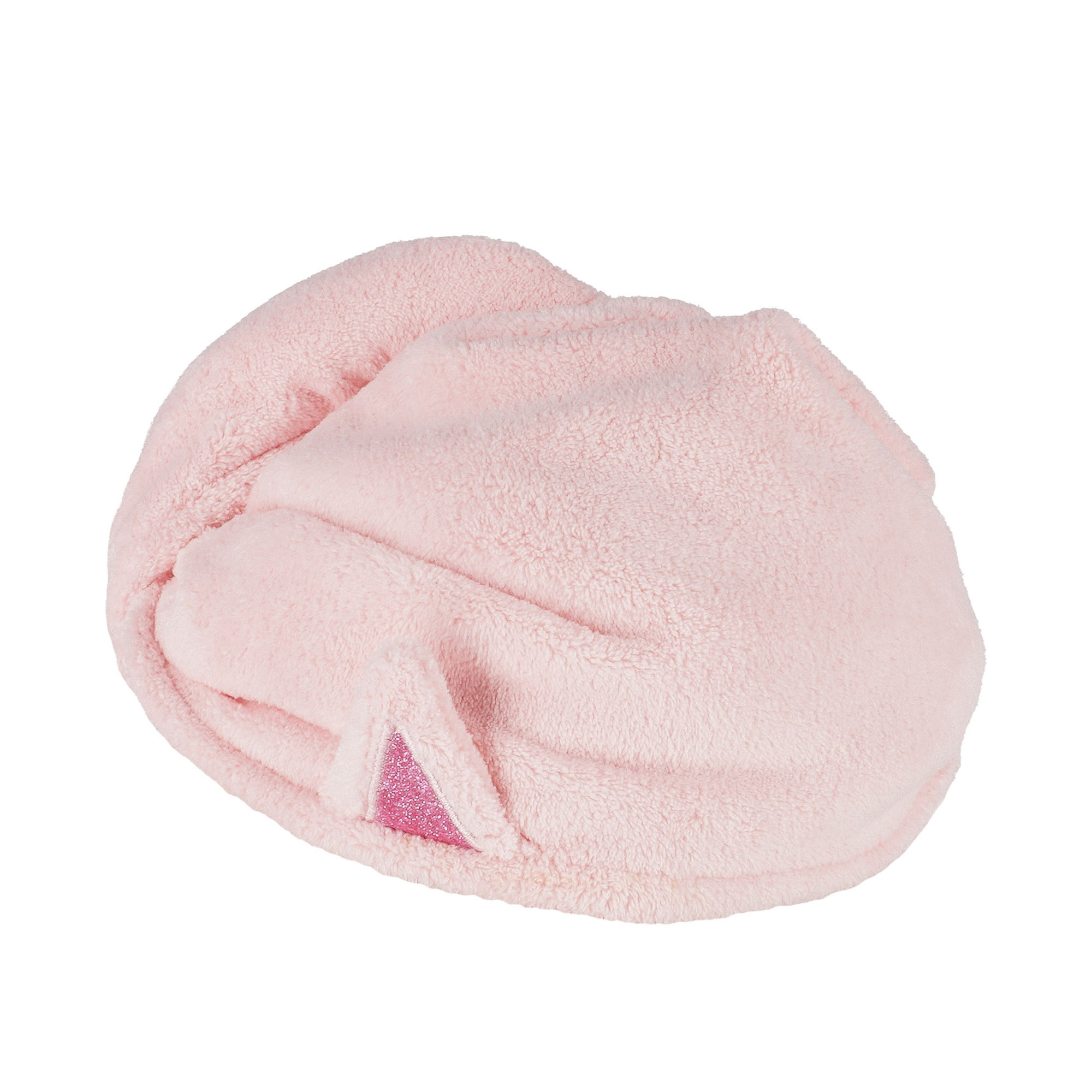 Rosa Haarturban-Handtuch im Katzen-Design, zusammengerollt mit sichtbarem Tiermotiv gezeigt.