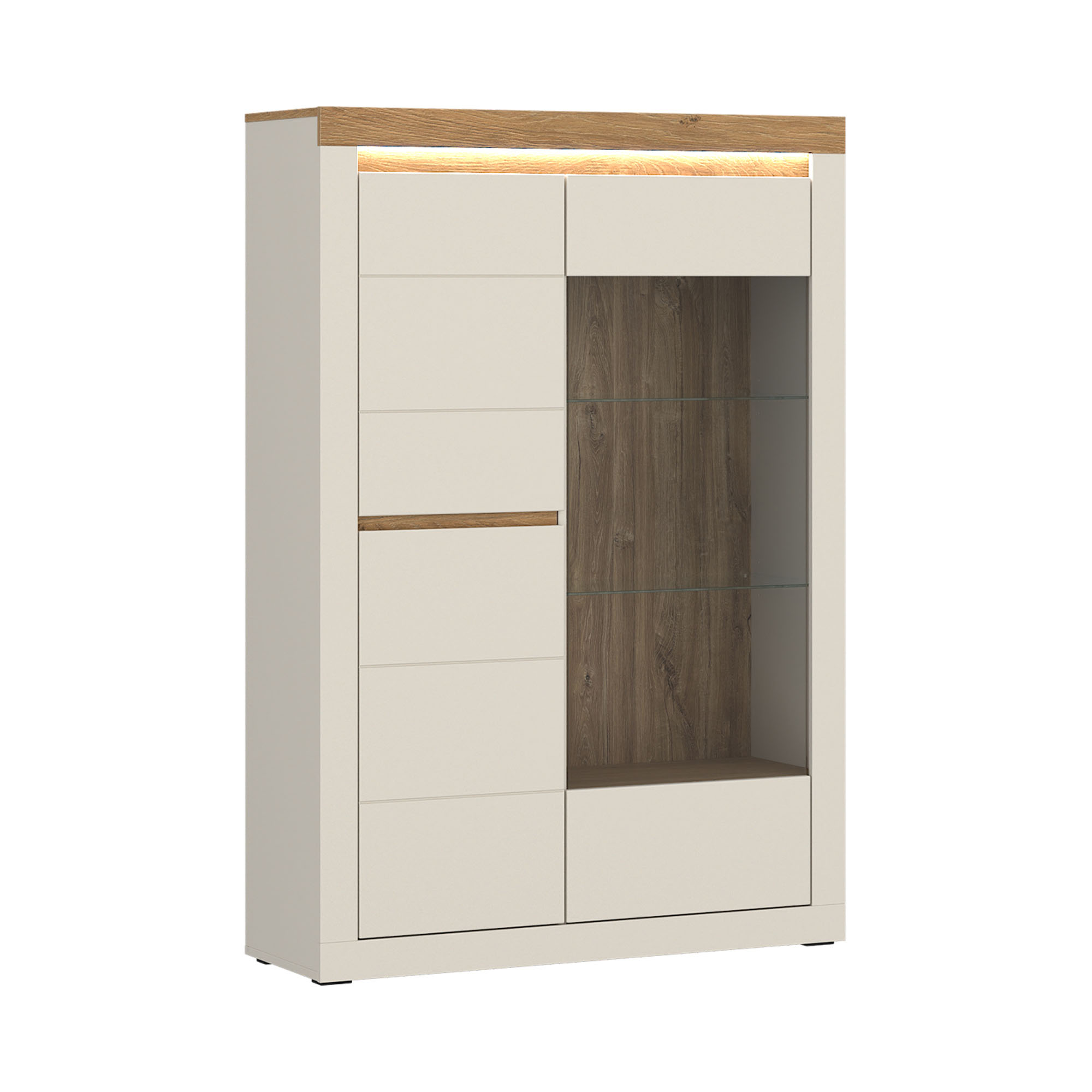 Moderne Vitrine mit weißen Fronten, Eiche Absetzung, Glaseinlegeböden und integrierter LED-Beleuchtung