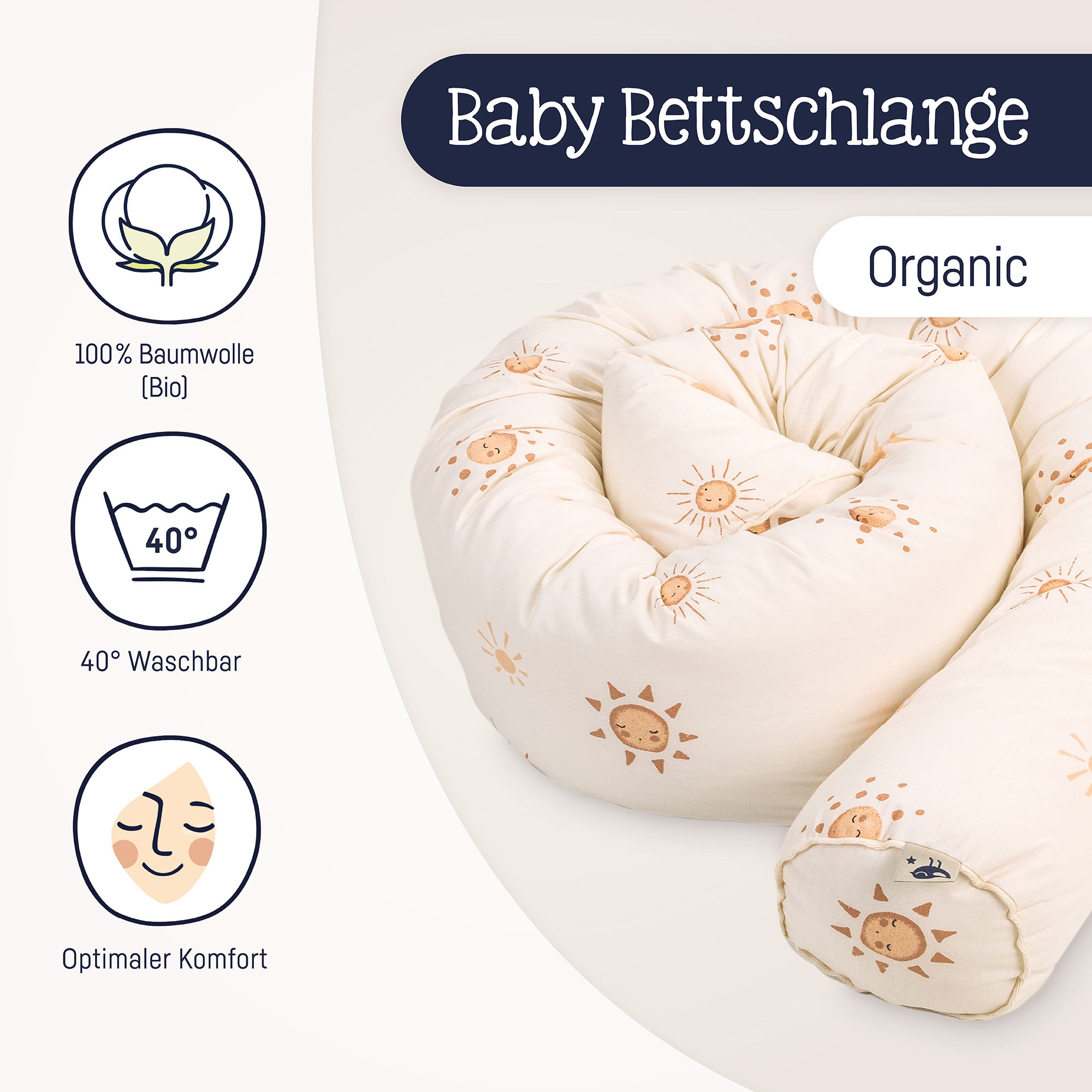 Baby Bettschlange aus Bio-Baumwolle mit Sonnendruck in warmen Gelbtönen, daneben Symbole für 100 % Baumwolle, 40 ° waschbar und optimalen Komfort