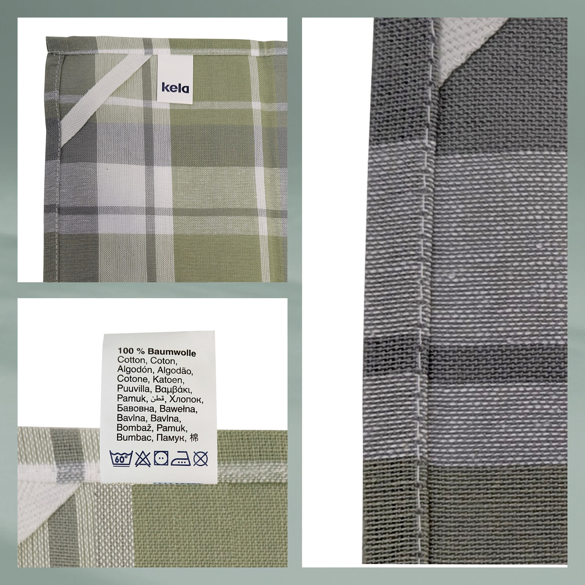 Collage mit Detailansichten von Geschirrtuch Stoffstruktur Muster und angenähtem Etikett