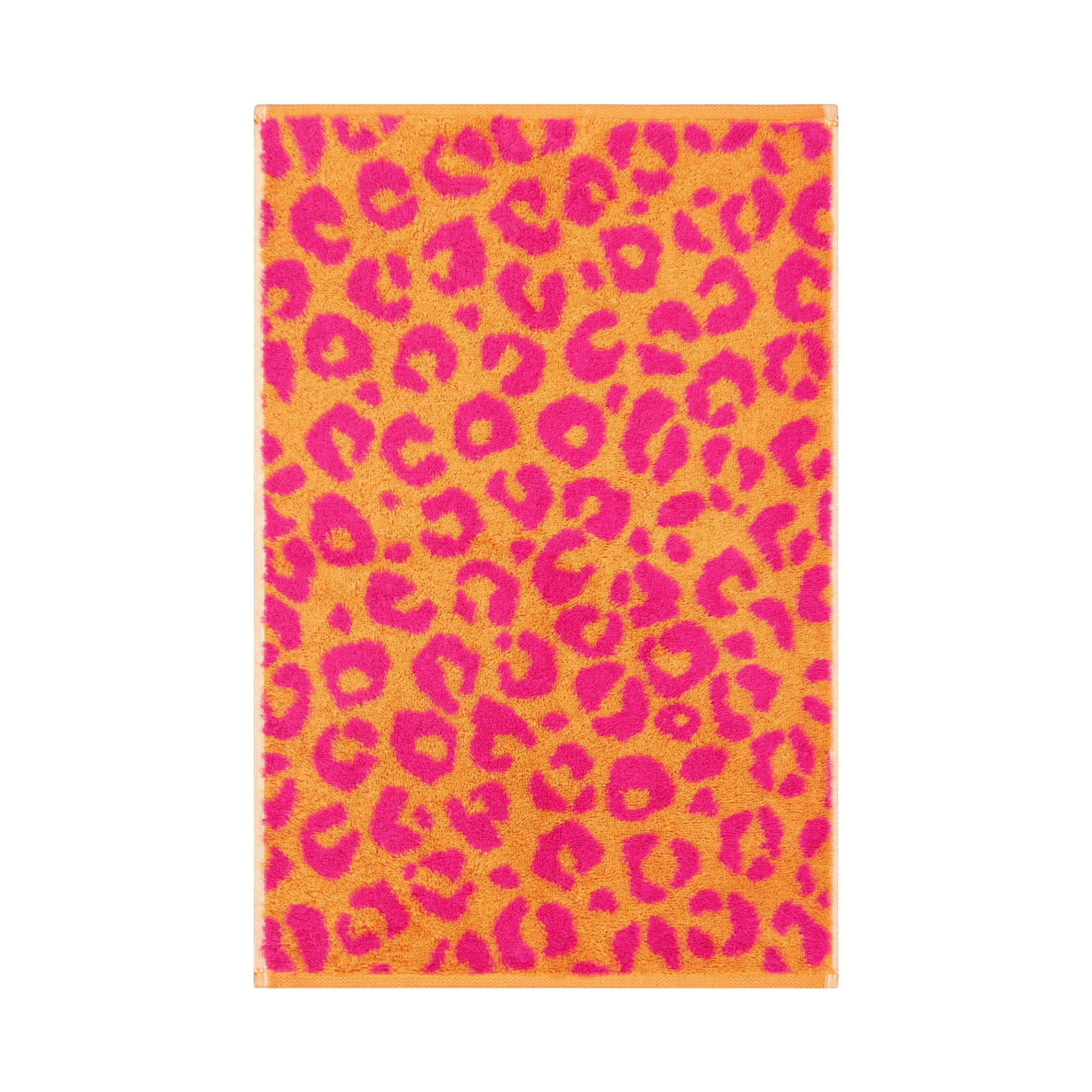 Gästetuch in der Farbe Pink mit Leopardenmuster in kräftigem Pink und Orange, flach und vollständig auf weißem Hintergrund gezeigt.