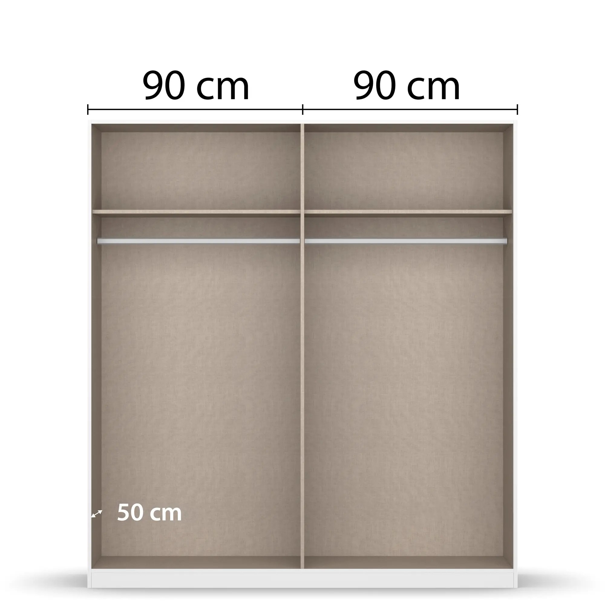 Innenansicht eines 4-türigen Kleiderschranks mit zwei großen Fächern, Kleiderstangen und Einlegeböden, jeweils 90 cm breit