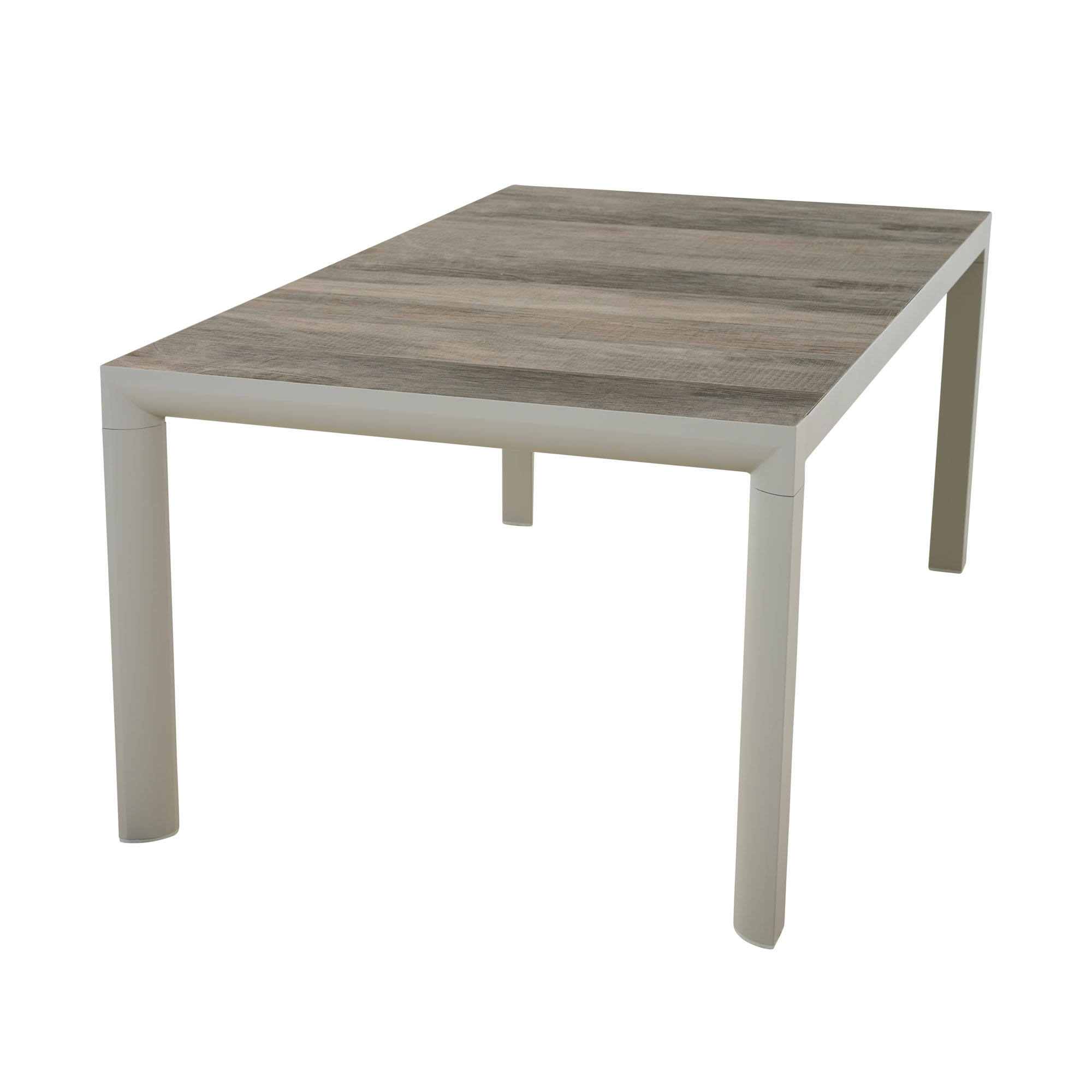 Gartentisch mit grauer Tischplatte aus Holzoptik-Elementen mit minimalem Abstand und hellgrauem Gestell, in schräger Frontansicht fotografiert.