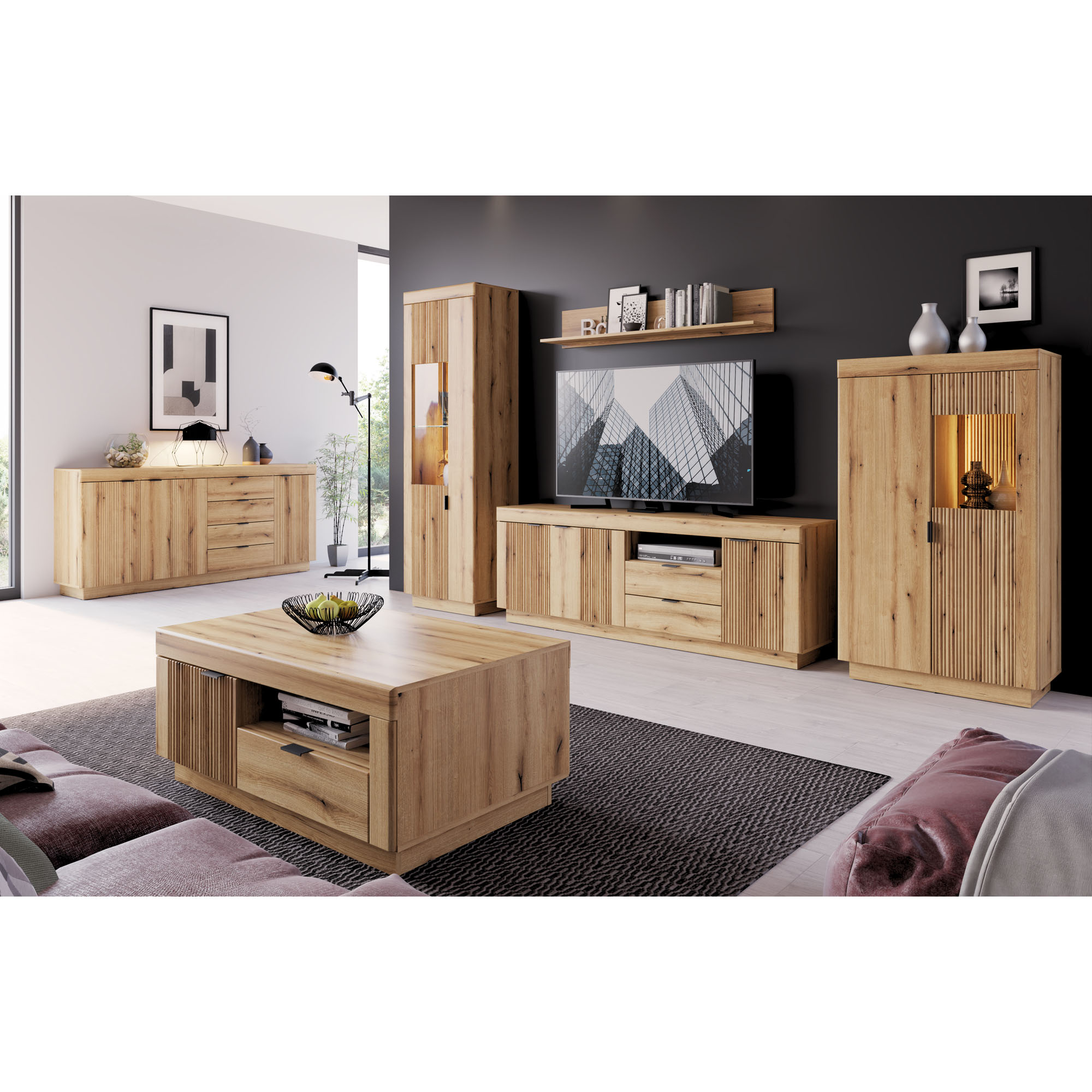 Delamar Wohnkombination in Eiche Artisan mit Highboard, TV-Lowboard, Vitrine, Wandboard und Couchtisch im modernen Wohnstil