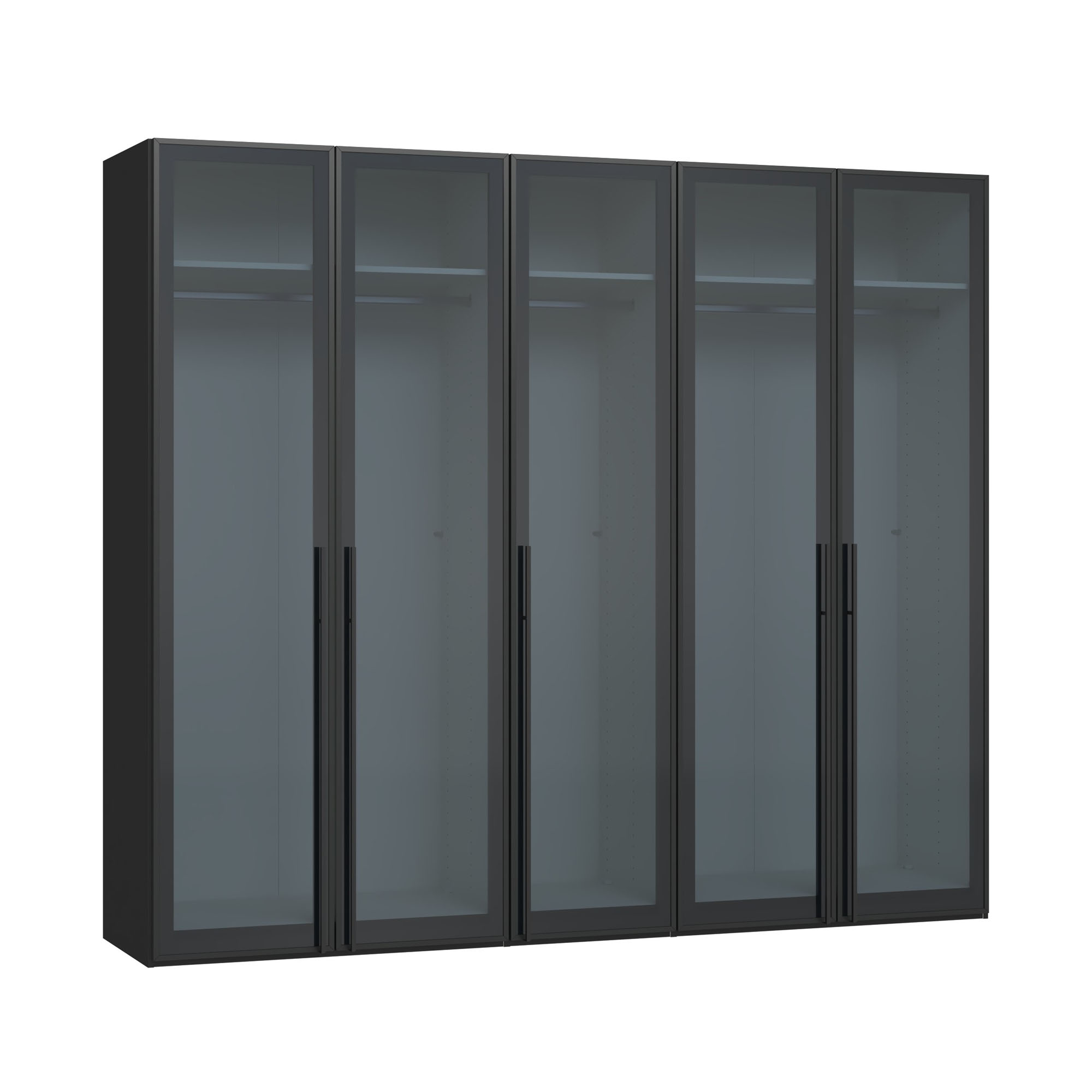 Drehtürenschrank mit geschlossenen Glasfronten und dunklem Rahmen