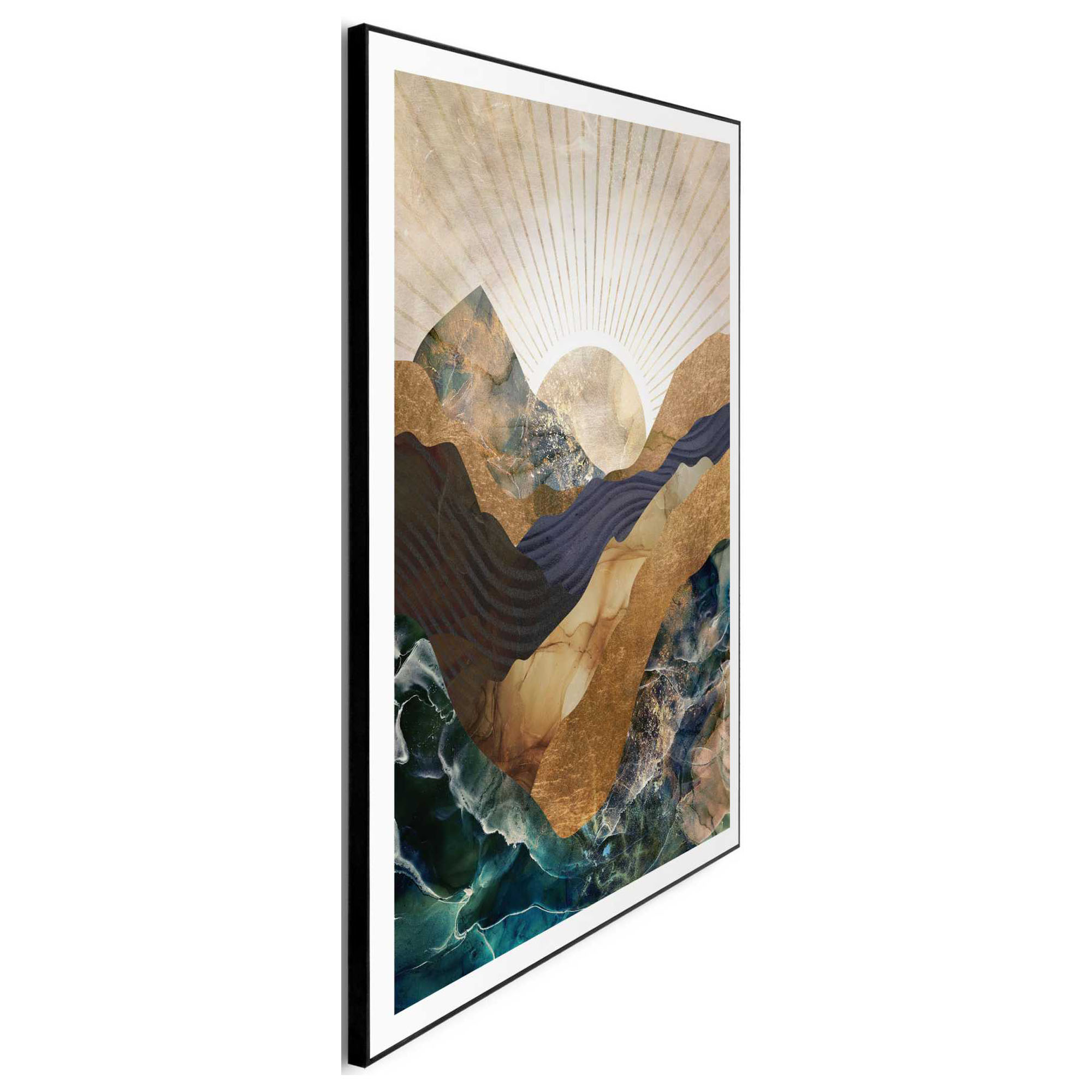 Seitliche Schrägansicht des Wandbilds „Autumn Mountains“, 50 × 70 cm; Profil, Kante und Tiefe des Bildes sind erkennbar.