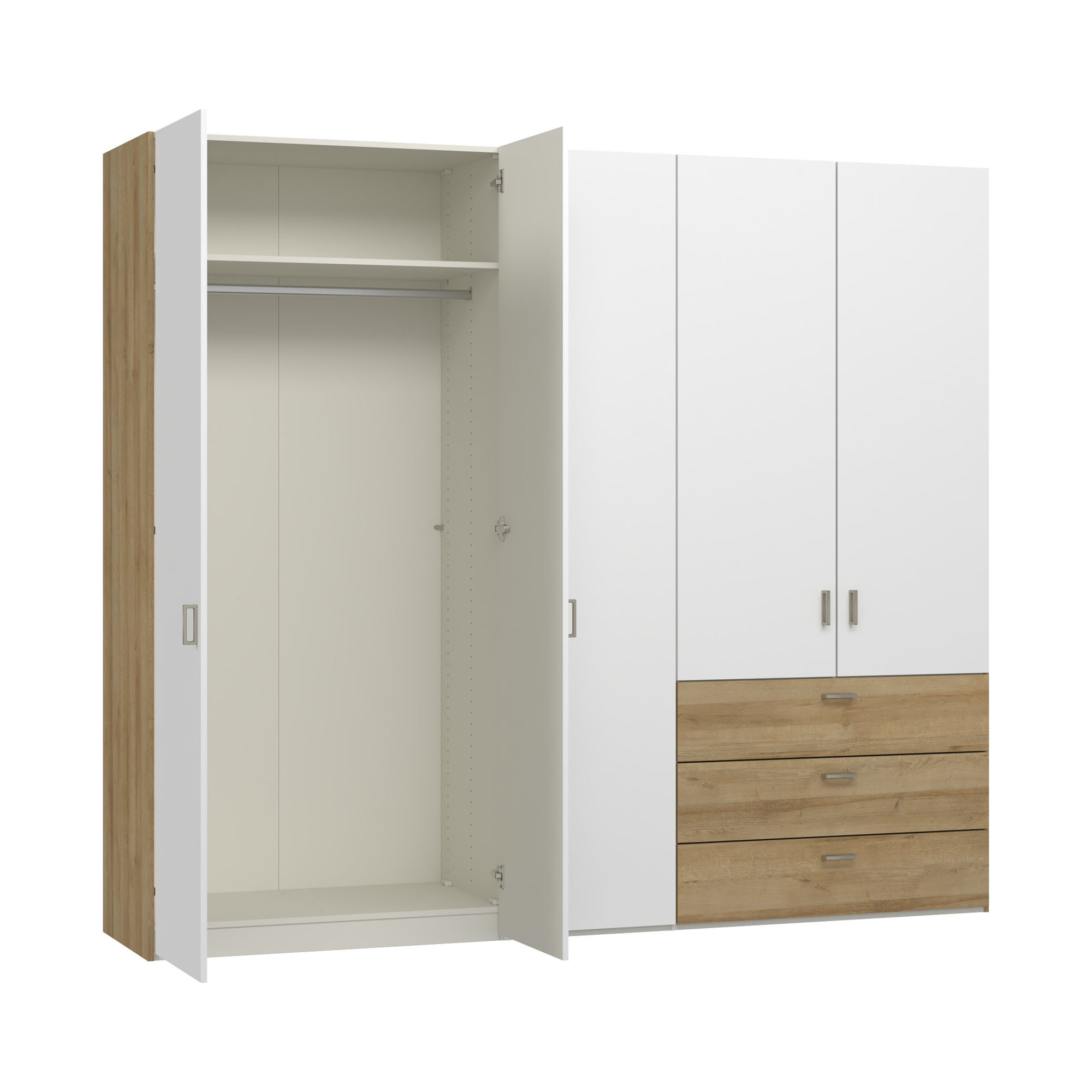 Kleiderschrank mit einer geöffneten Drehtür und sichtbarer Innenaufteilung