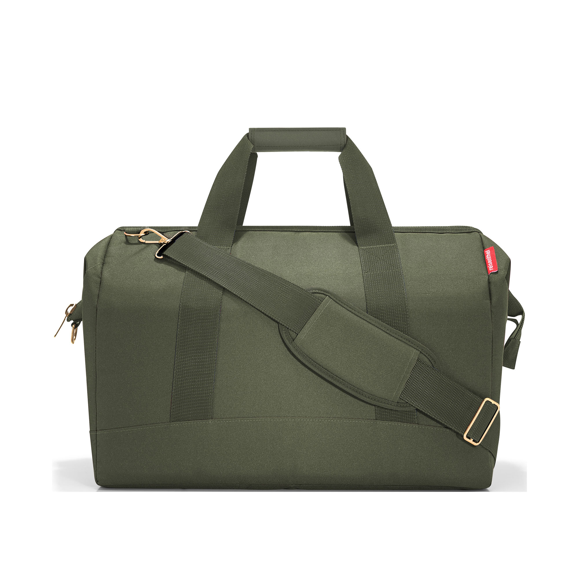 Reisetasche von Reisenthel, Modell Allrounder L, in Dunkelgrün mit goldfarbenen Metallteilen, seitlich von vorn mit Tragegriffen und Schultergurt.