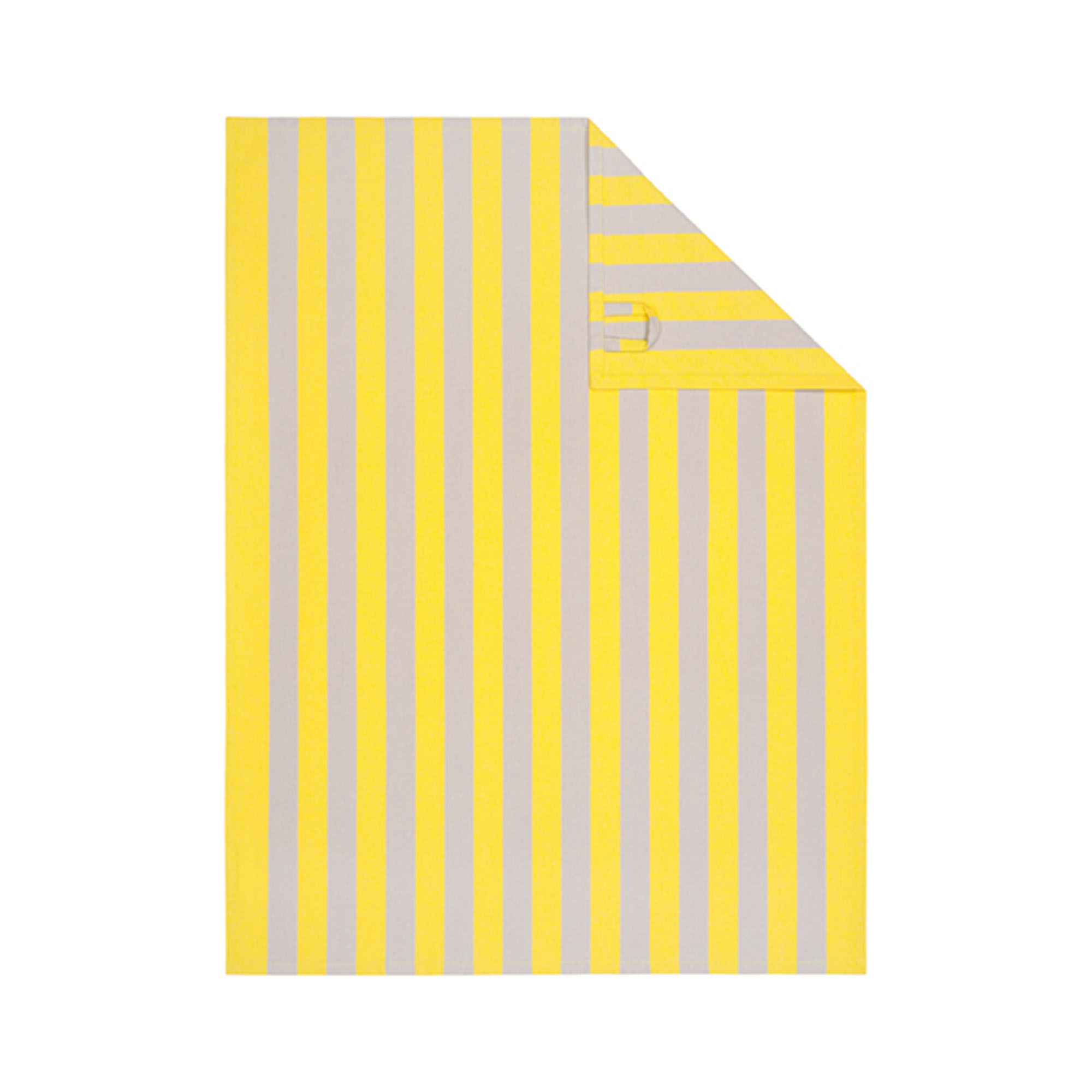 Geschirrtuch mit gelben und steingrauen Längsstreifen; oben ist eine Ecke diagonal umgeschlagen.