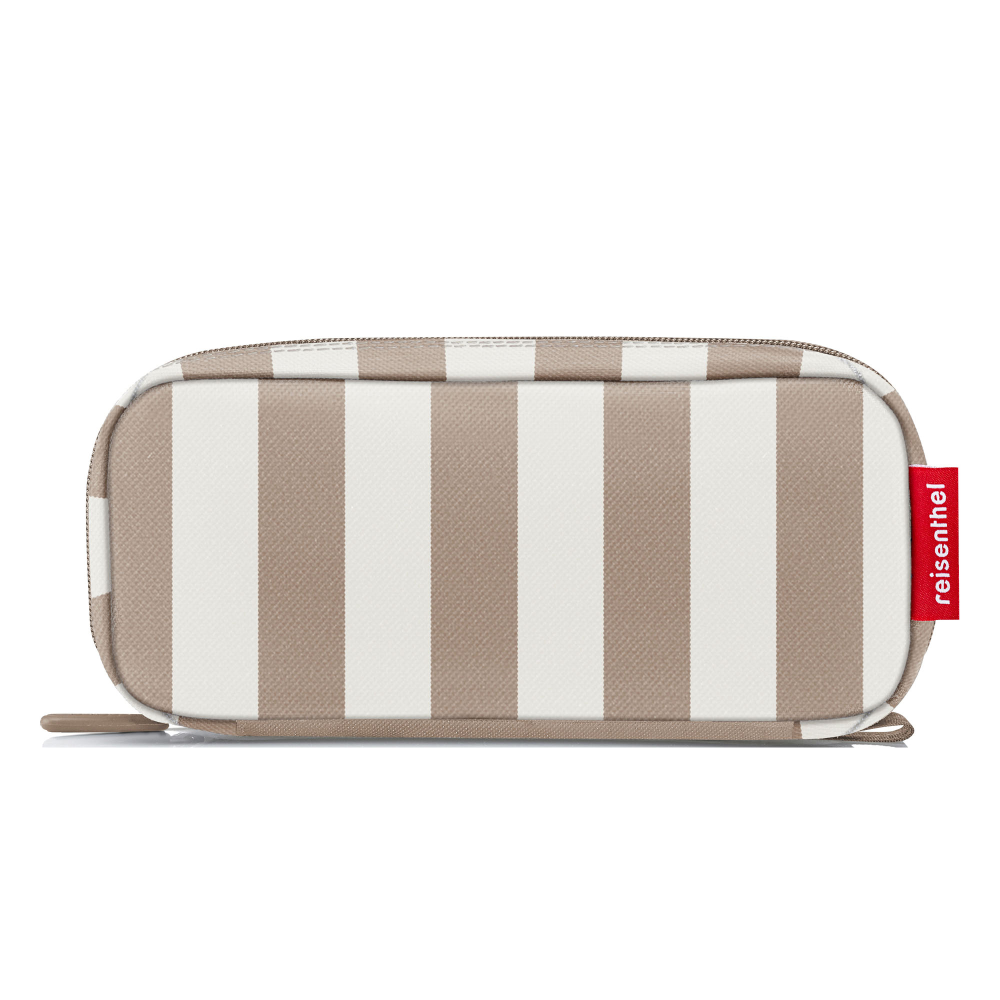 Kompakte Reisenthel Kulturtasche mit beige-weißem Streifenmuster und Reißverschluss