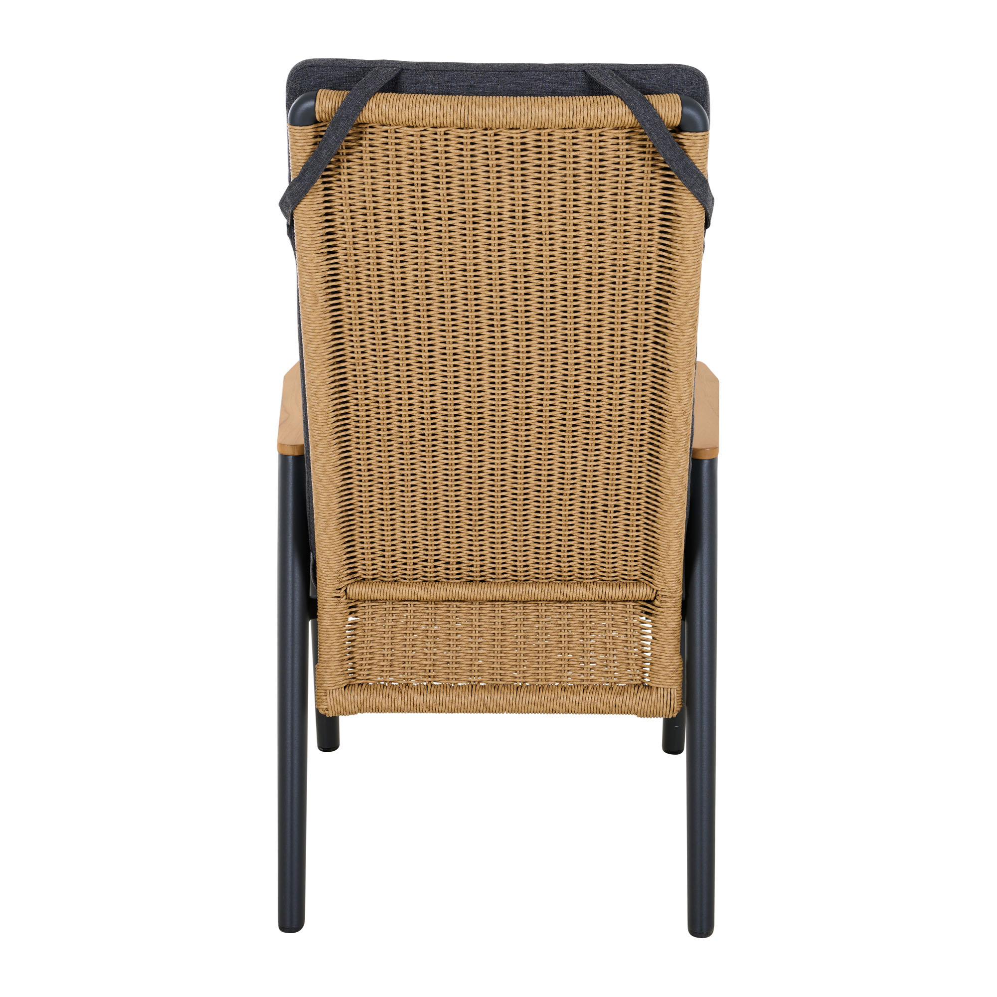 Rückseite des Gartenstuhls mit Geflecht aus Polyrattan und Polsterauflage