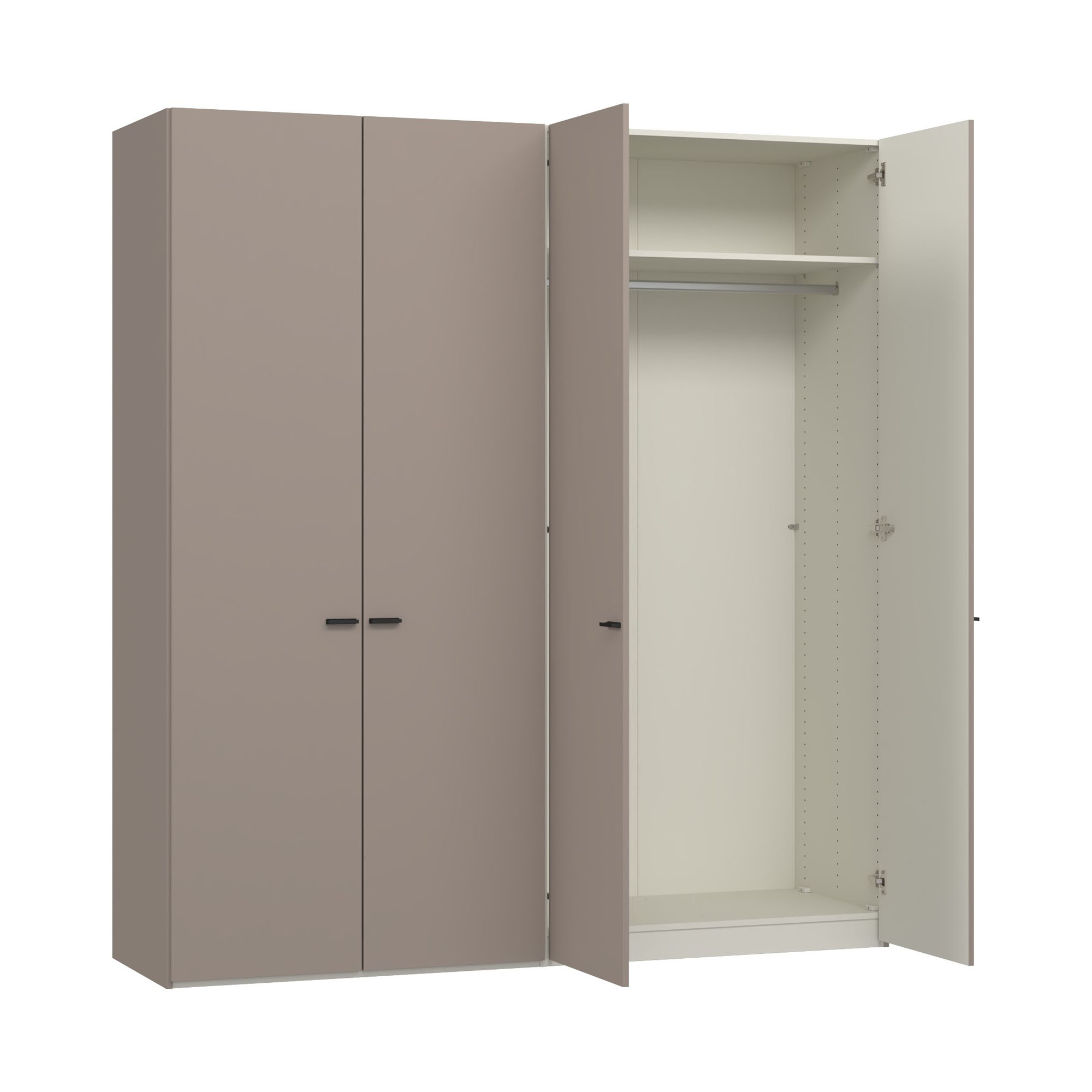 Kleiderschrank mit geöffneter Drehtür zeigt Innenraum mit Einlegeboden und Kleiderstange