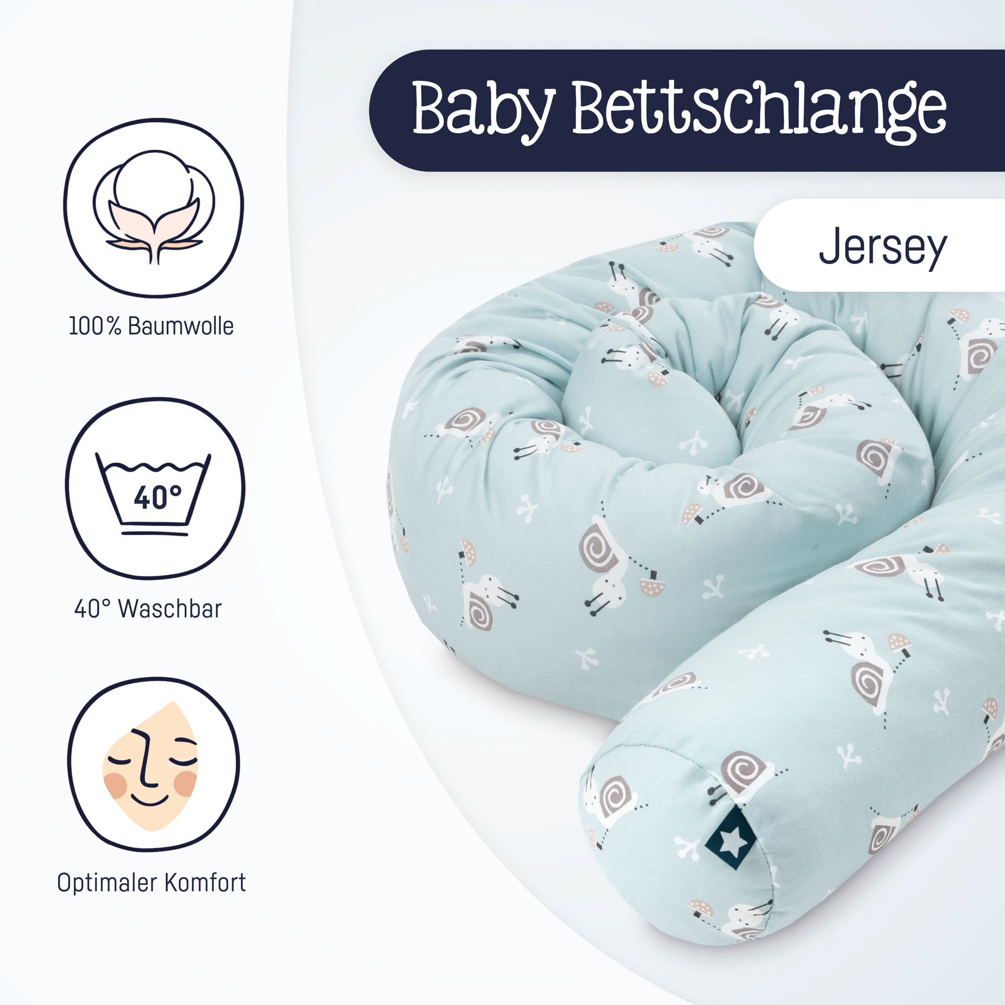 Blaue Baby Bettschlange mit Tiermotiven neben Symbolen zu Baumwolle, Waschbarkeit und Komfort