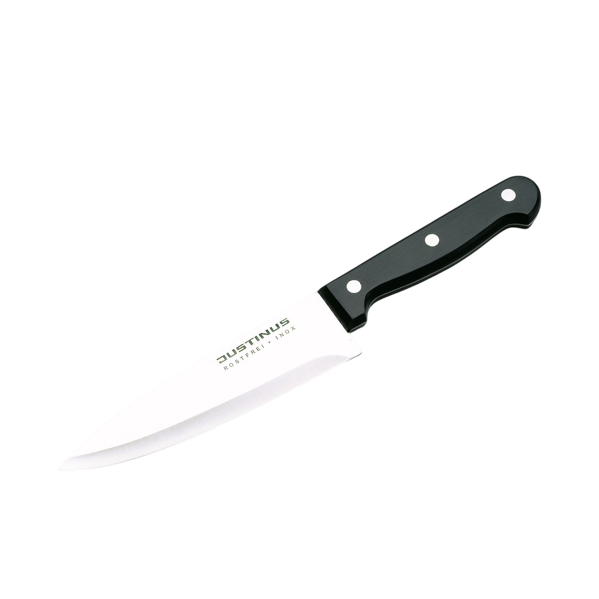 Kochmesser, klein 16 cm Küchenchef: kleines Kochmesser mit heller Klinge und schwarzem dreifach vernietetem Griff, schräg freigestellt.