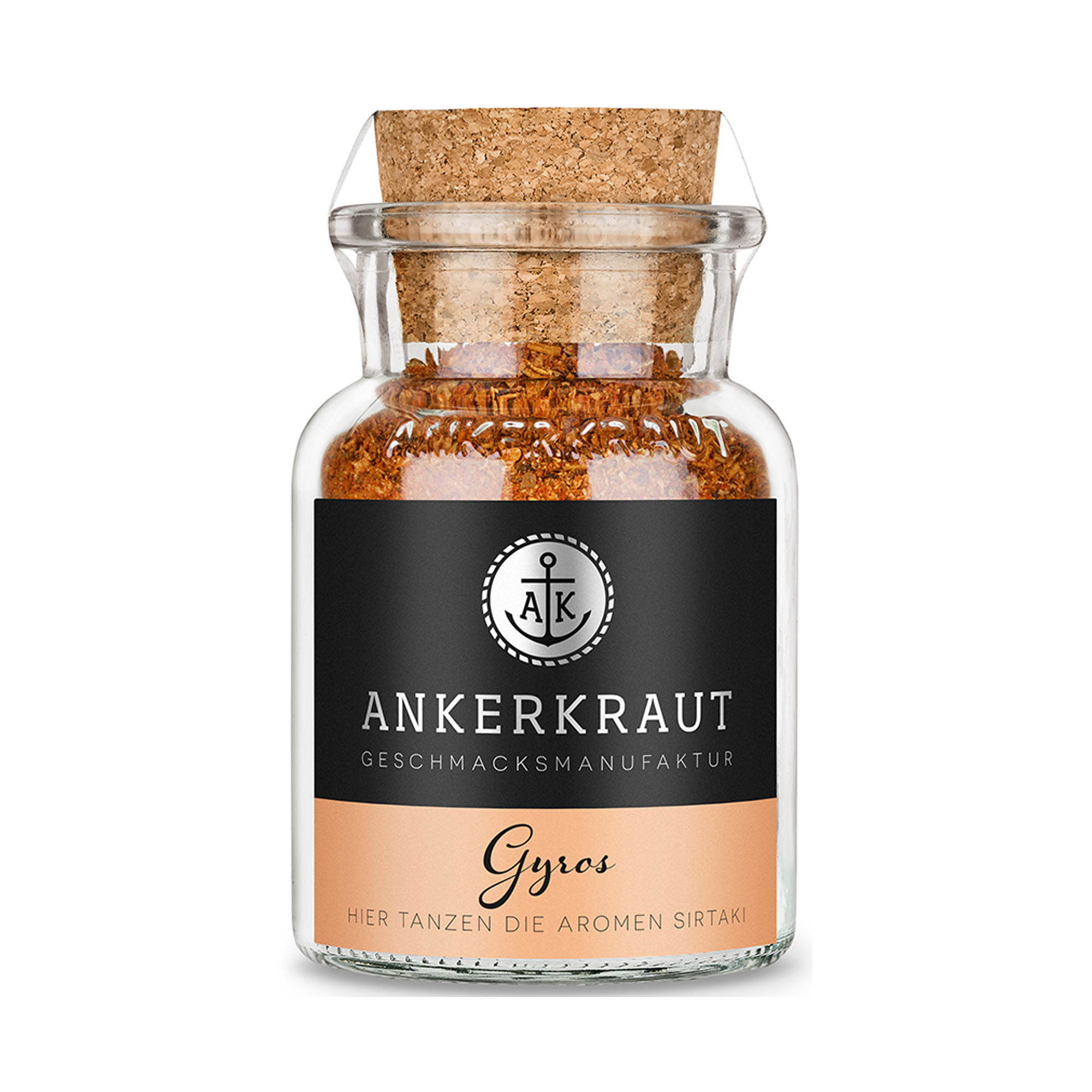 Ankerkraut Gyros-Gewürz im klaren Glas mit Korkverschluss, schwarzem Frontetikett und bräunlicher Gewürzmischung.