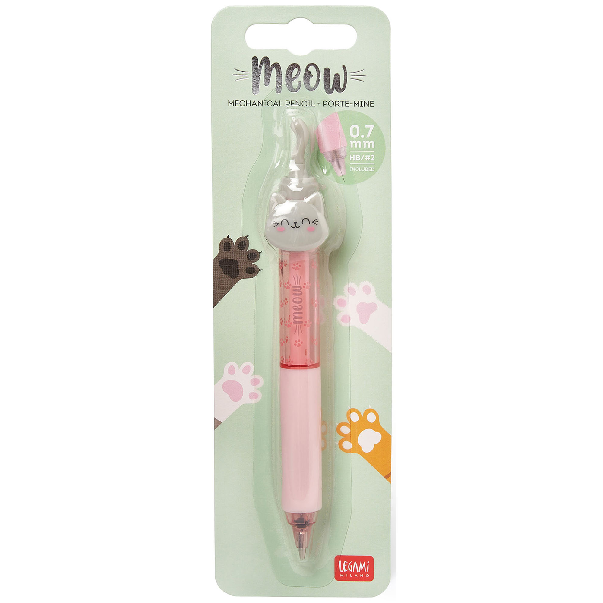 Rosa Druckbleistift mit Katzenfigur, in einer transparenten Blisterverpackung dargestellt.