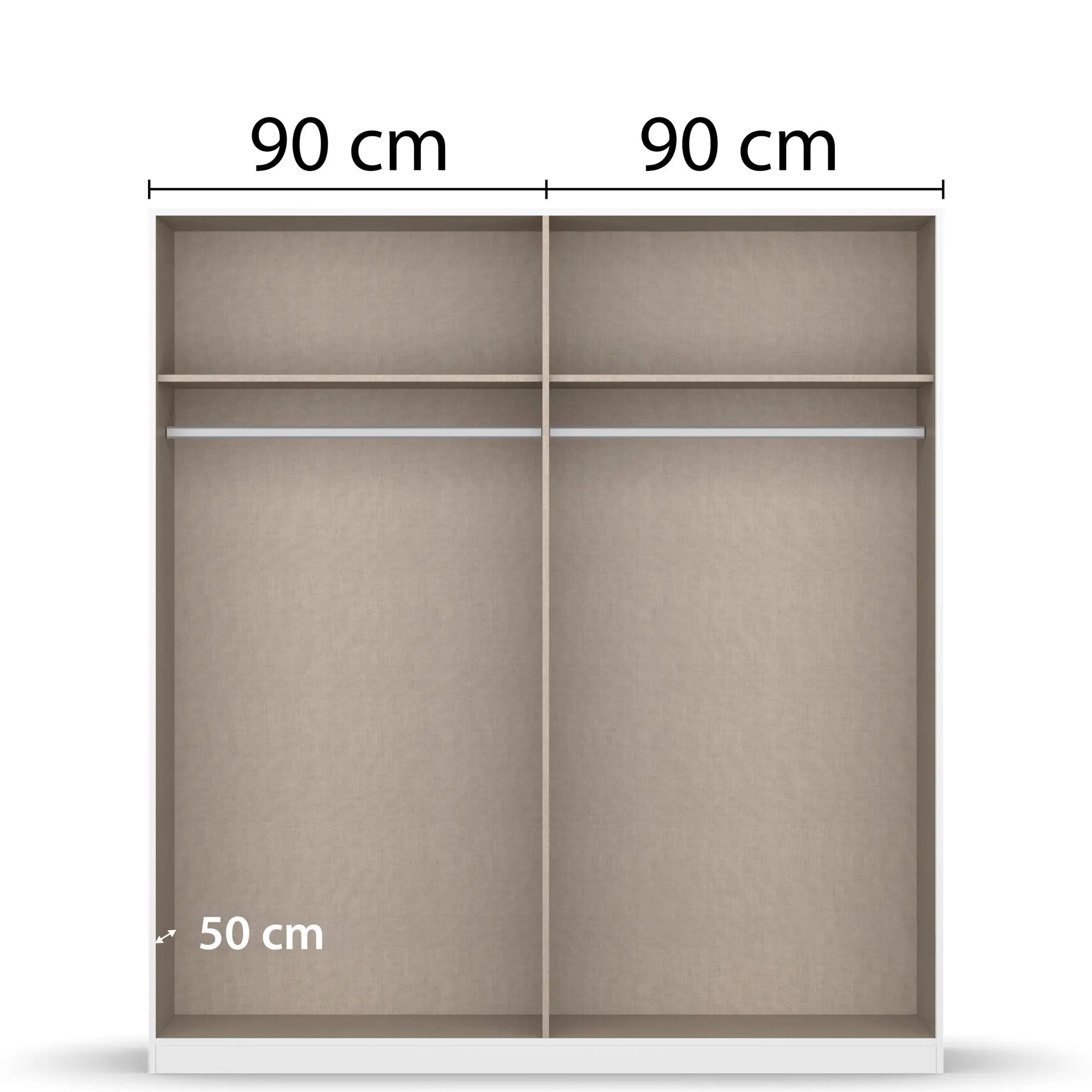 Innenansicht eines 4-türigen Kleiderschranks mit zwei Bereichen, Einlegeböden und Kleiderstangen, jeweils 90 cm breit