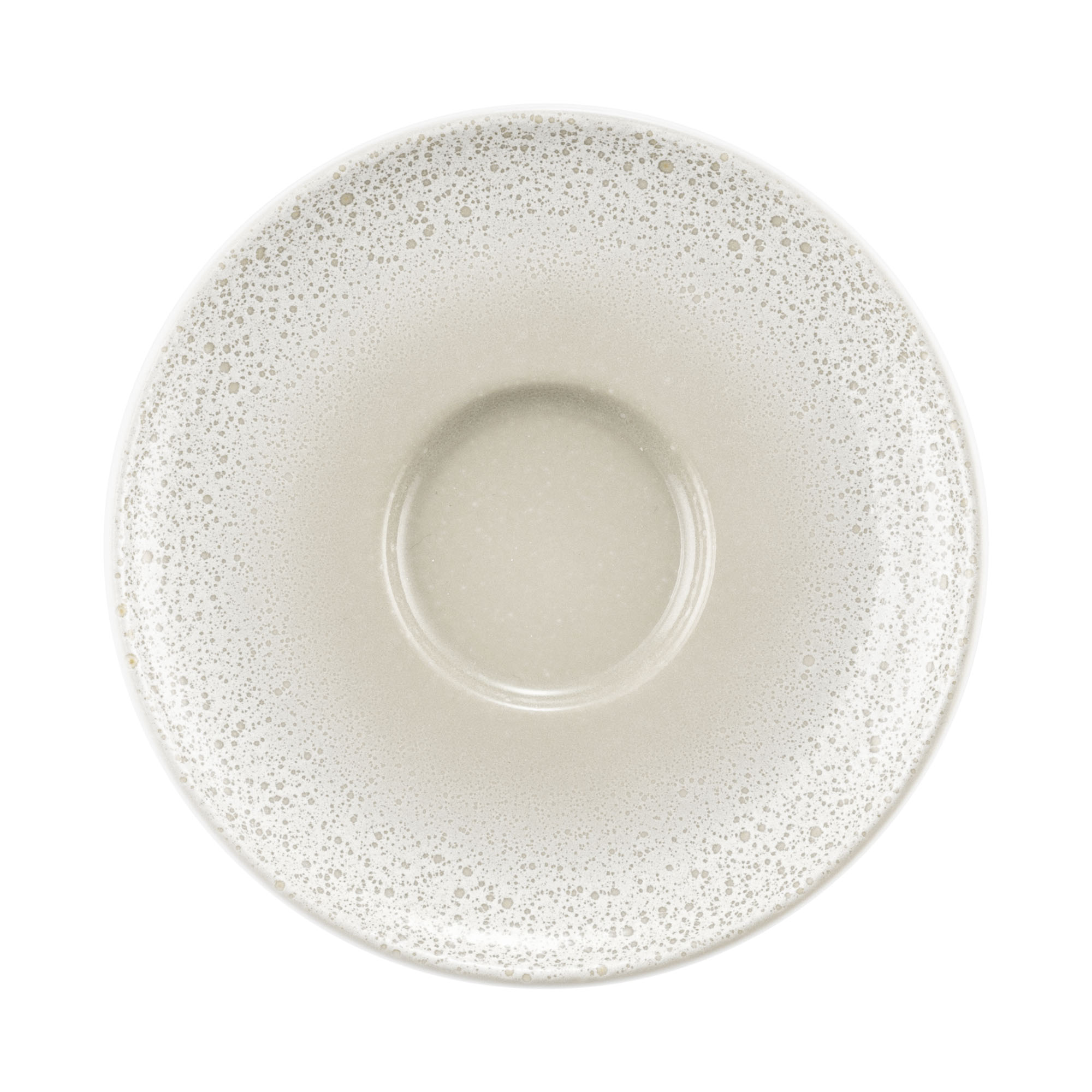 Untertasse in Grau-Beige; Draufsicht. Sichtbare Gestaltung: rund, fein gesprenkelt und mit mittiger Vertiefung.