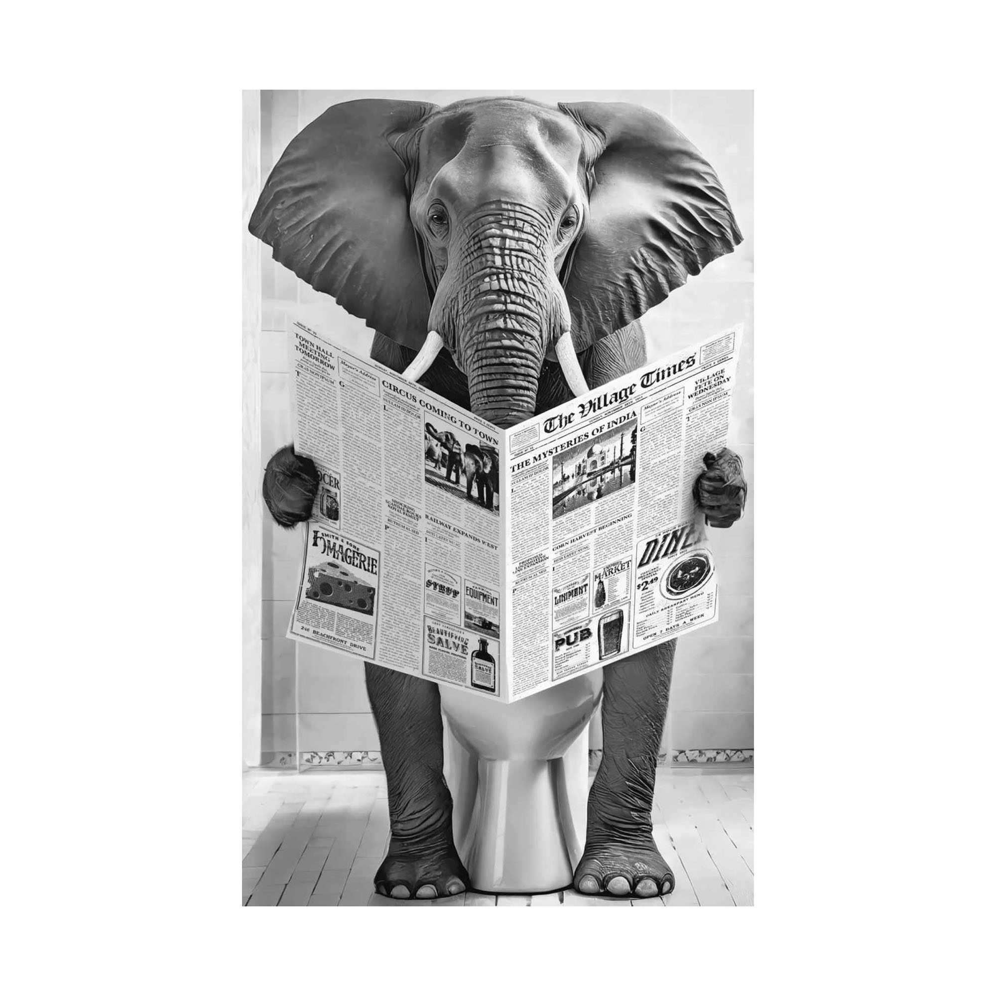 Frontansicht des Wandbilds „Elephant Toilet“ in Schwarz-Weiß, Größe 60 × 90 cm; das vollständige Motiv ist zu sehen.