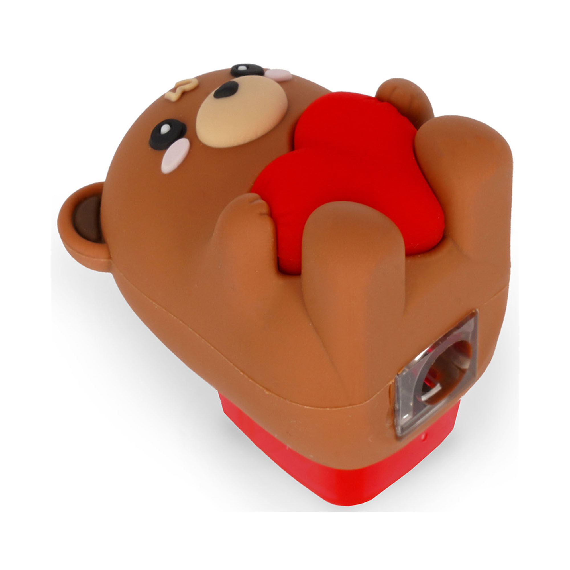 Brauner Leuchtstift mit Teddybär-Spitzerbehälter, als vollständiger Stift mit Tieraufsatz auf weißem Hintergrund gezeigt.