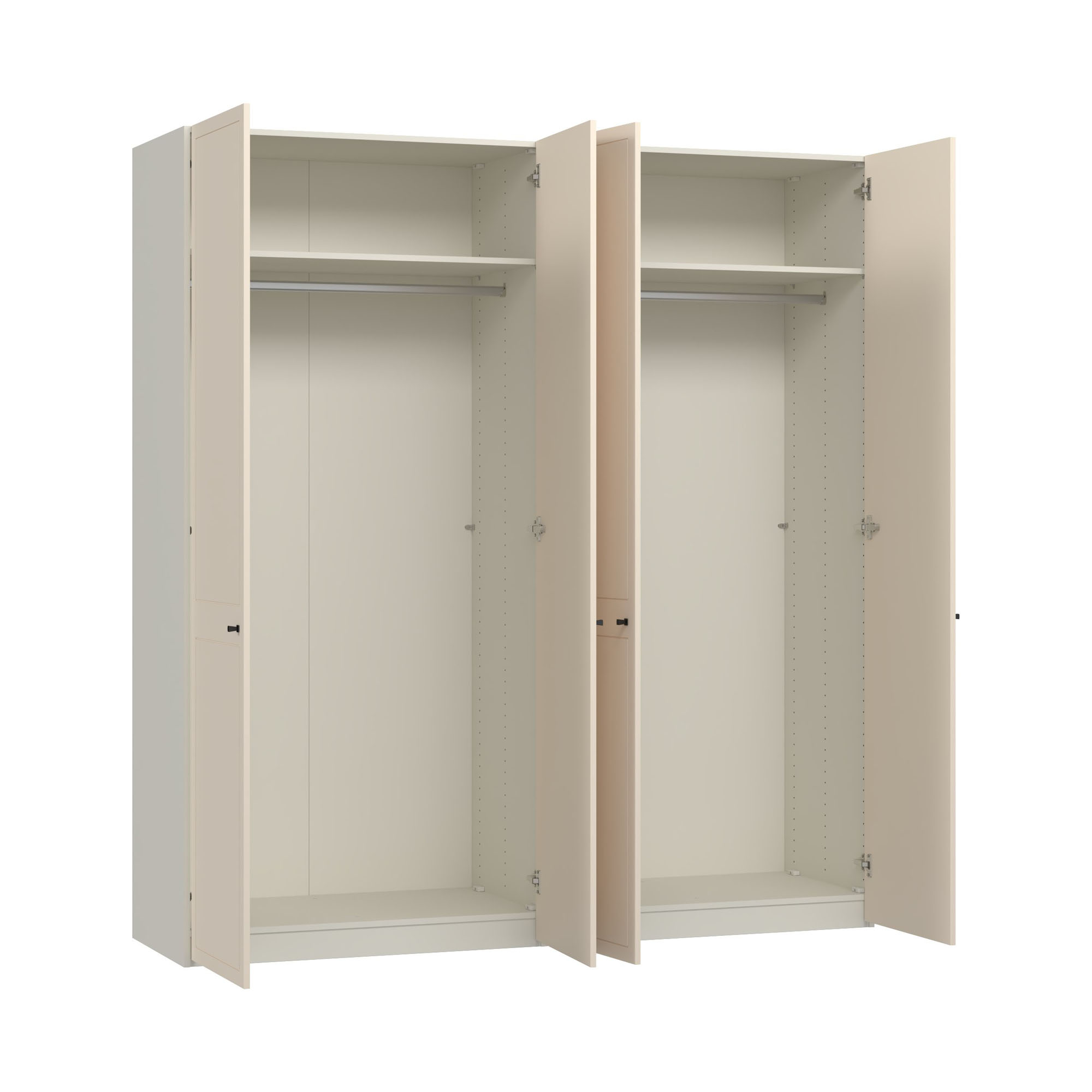 Kleiderschrank mit zwei geöffneten Drehtüren und Innenaufteilung mit Kleiderstangen