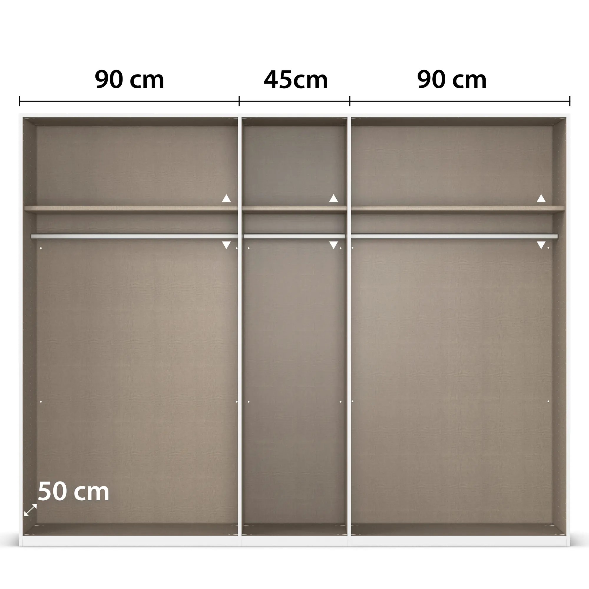 Innenansicht eines 5-türigen Kleiderschranks mit drei Fächern, Kleiderstangen und Einlegeböden, mittleres Fach 45 cm breit