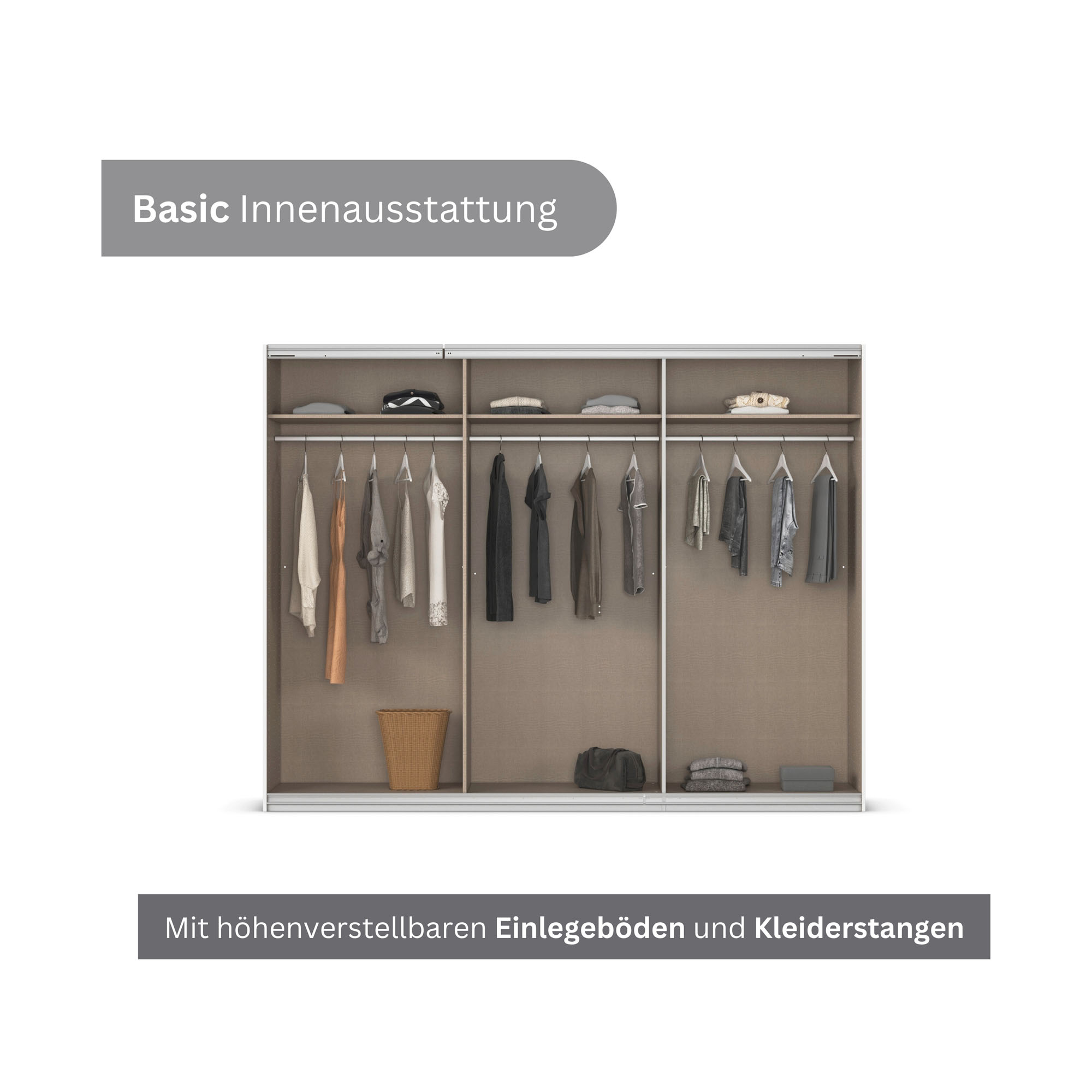 Offener Kleiderschrank mit Kleidung Fächern und Kleiderstangen für strukturierte Aufbewahrung
