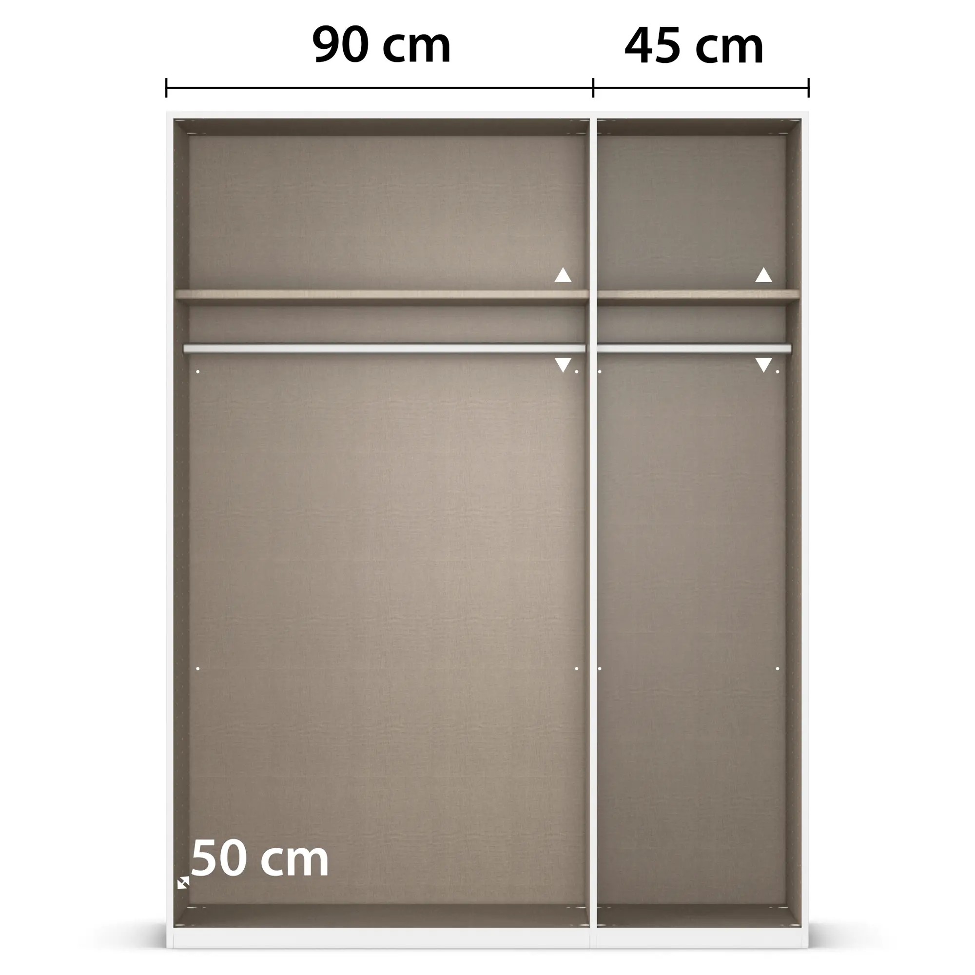 Innenansicht eines Kleiderschranks mit zwei Bereichen von 90 cm und 45 cm Breite sowie Fachböden und Kleiderstangen