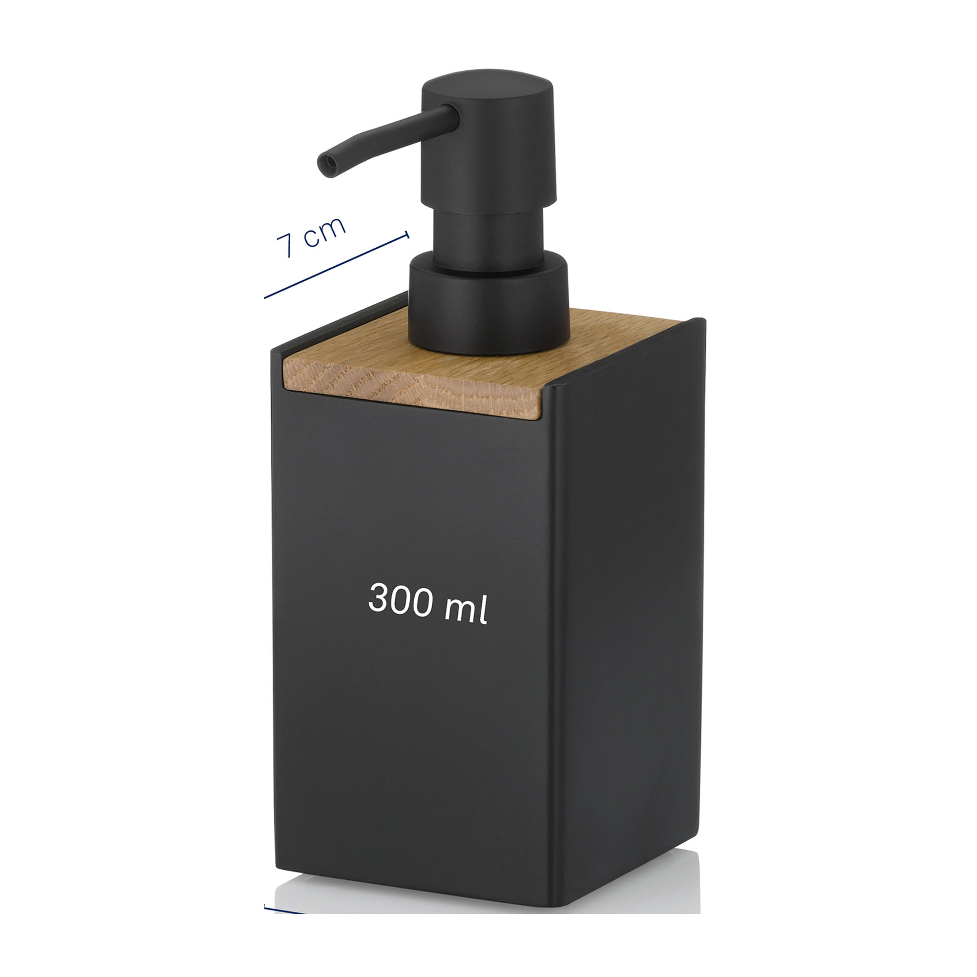 Produktansicht eines schwarzen Seifenspenders mit Holzoberfläche Pumpspender und Maßangaben