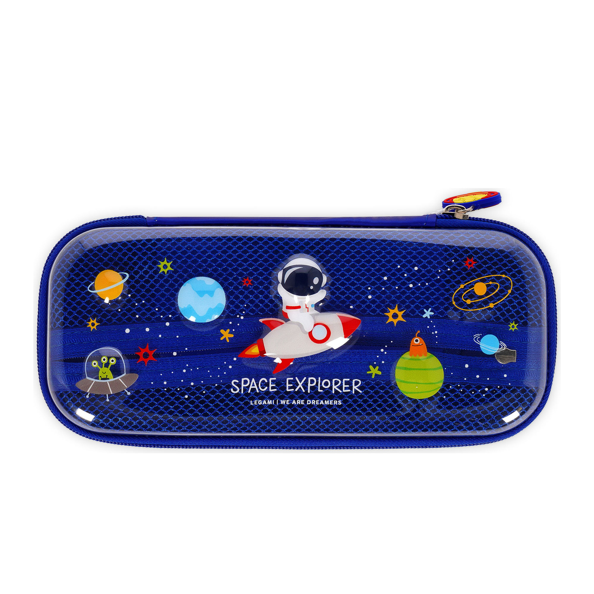 Federmäppchen mit Weltraummotiv, geschlossen in gerader Vorderansicht gezeigt.