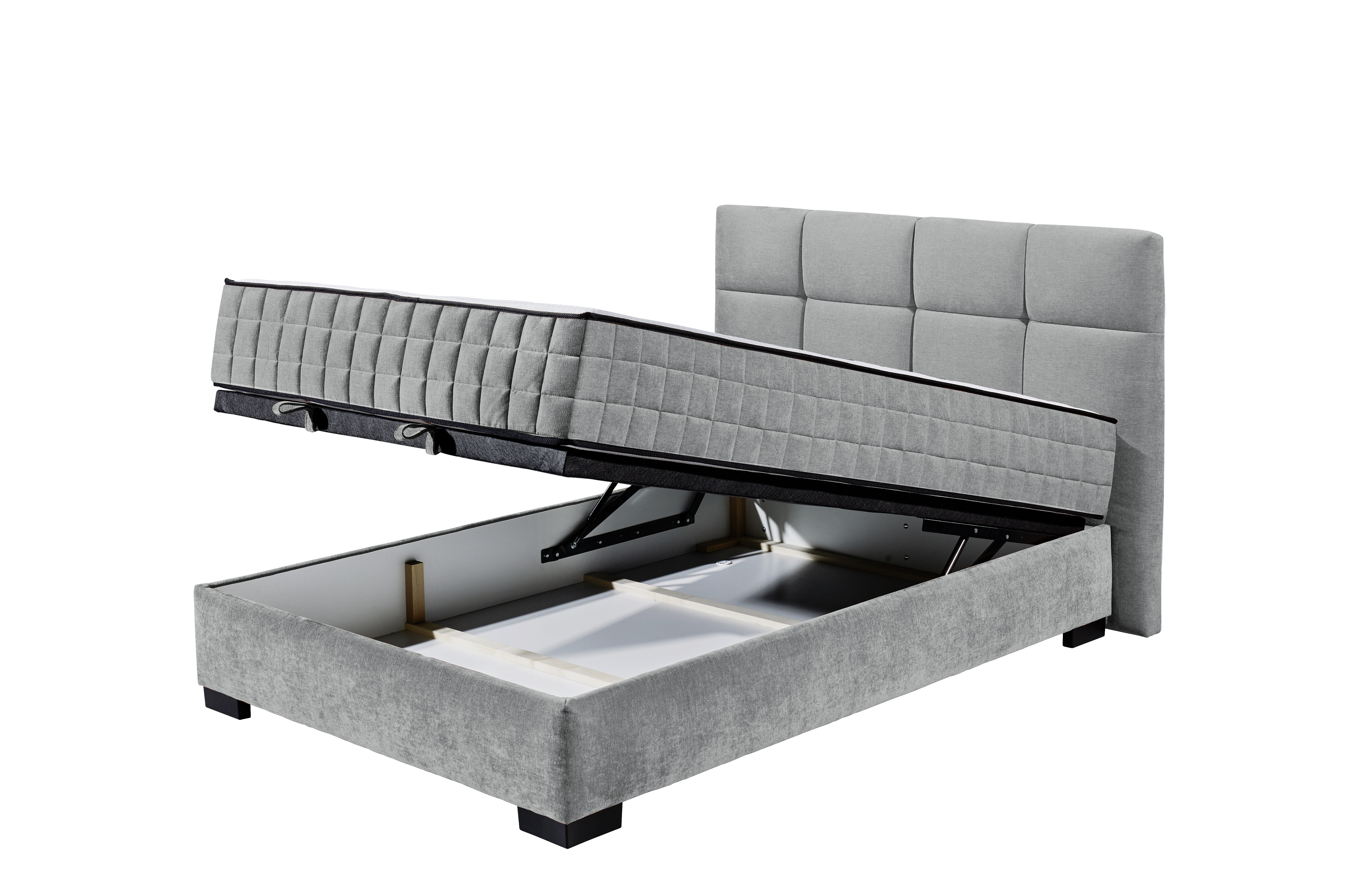 Boxspringbett „Wind 89 anthrazit“ schräg aufgenommen, Bettkasten geöffnet, Stauraumfunktion sichtbar