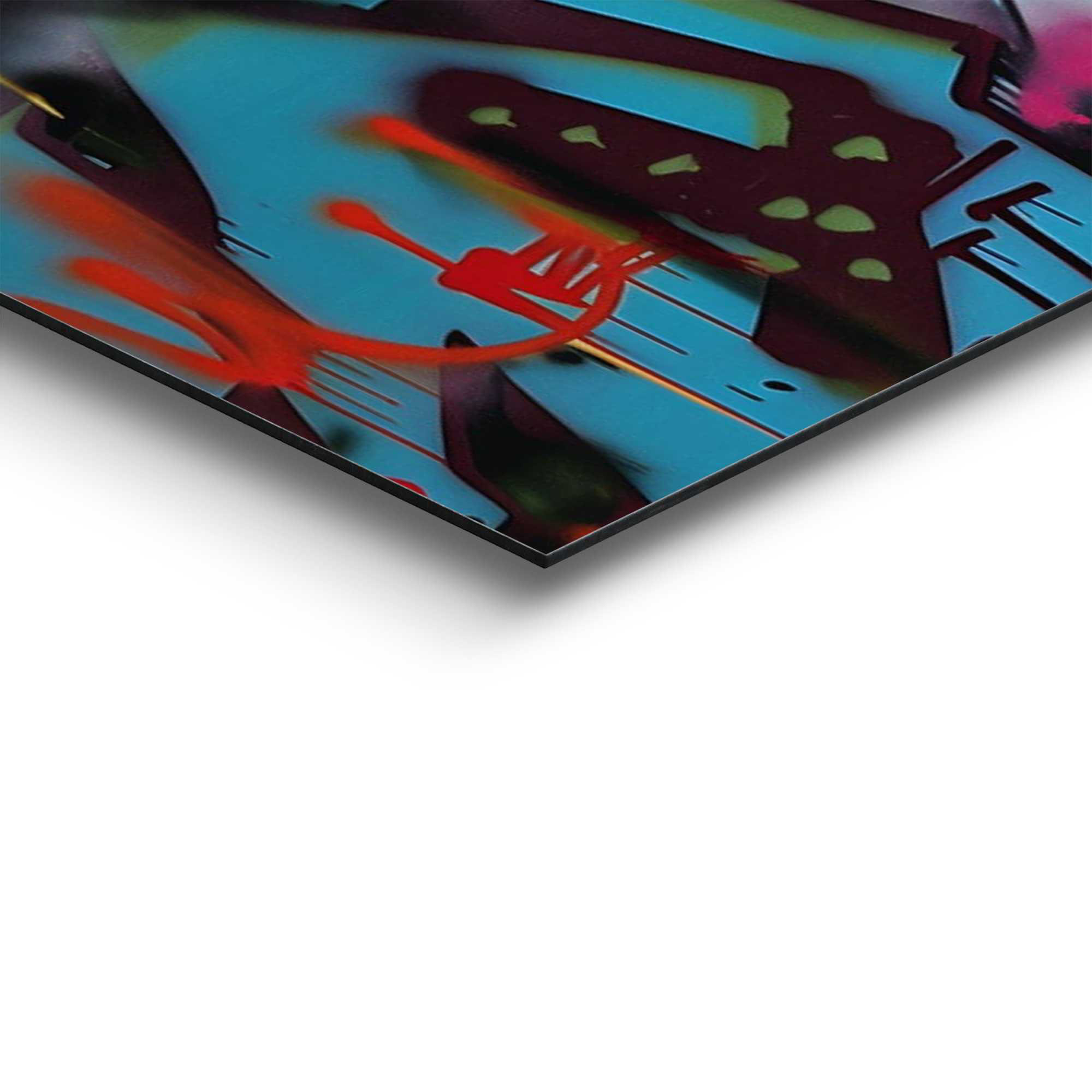 Detailaufnahme einer Ecke des Wandbilds „Einstein Tongue“, 60 × 90 cm; Oberfläche, Kante und Materialstärke sind sichtbar.