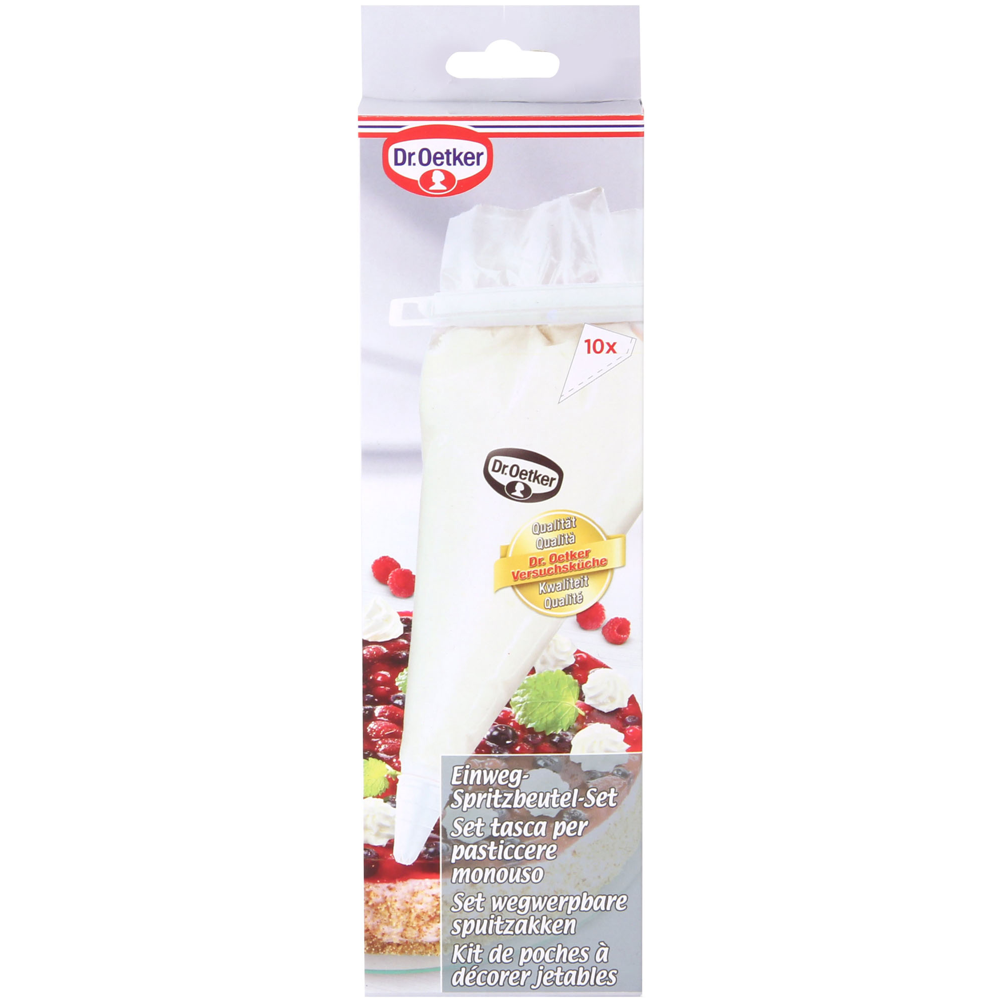 Verpackung eines Einweg Spritzbeutel Sets mit 10 Beuteln und Zubehör