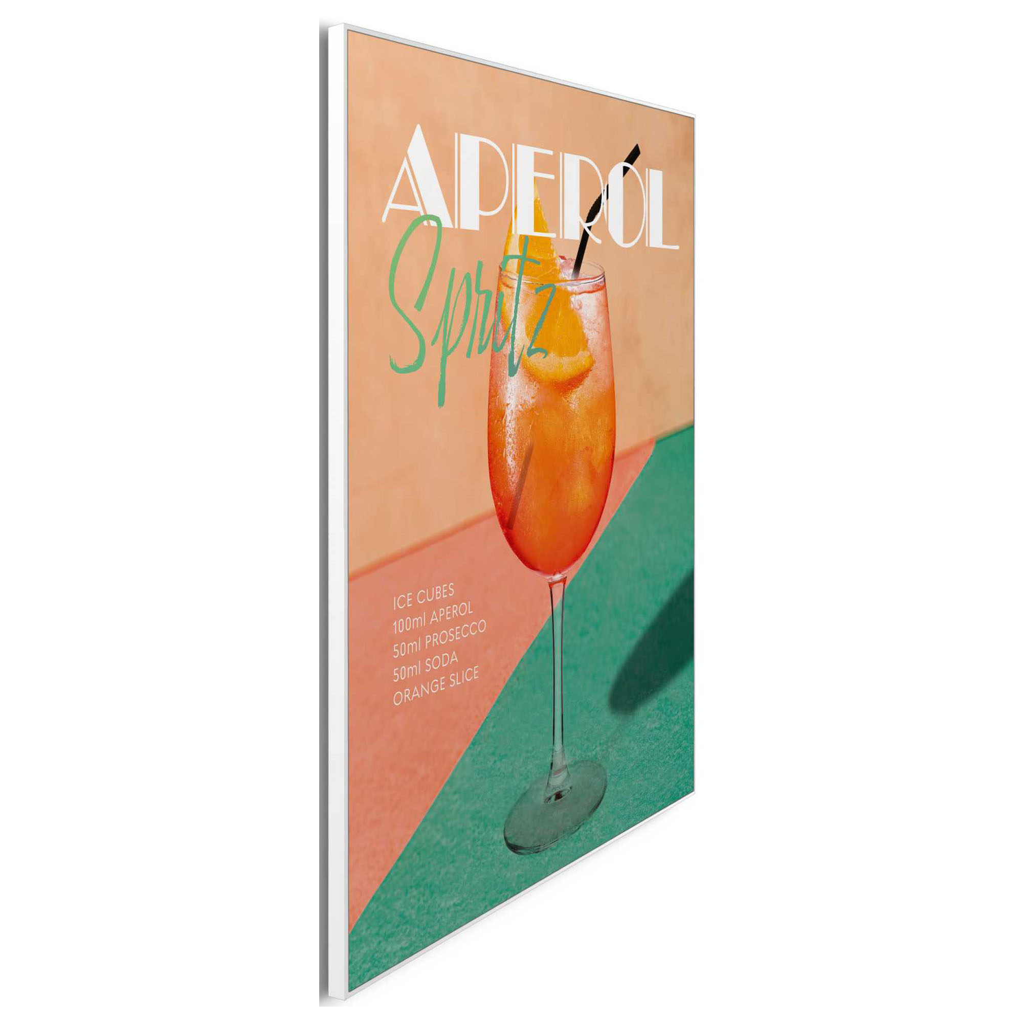 Seitliche Schrägansicht des Wandbilds „Aperol Time“, 40 × 50 cm; Profil, Kante und Tiefe des Bildes sind erkennbar.