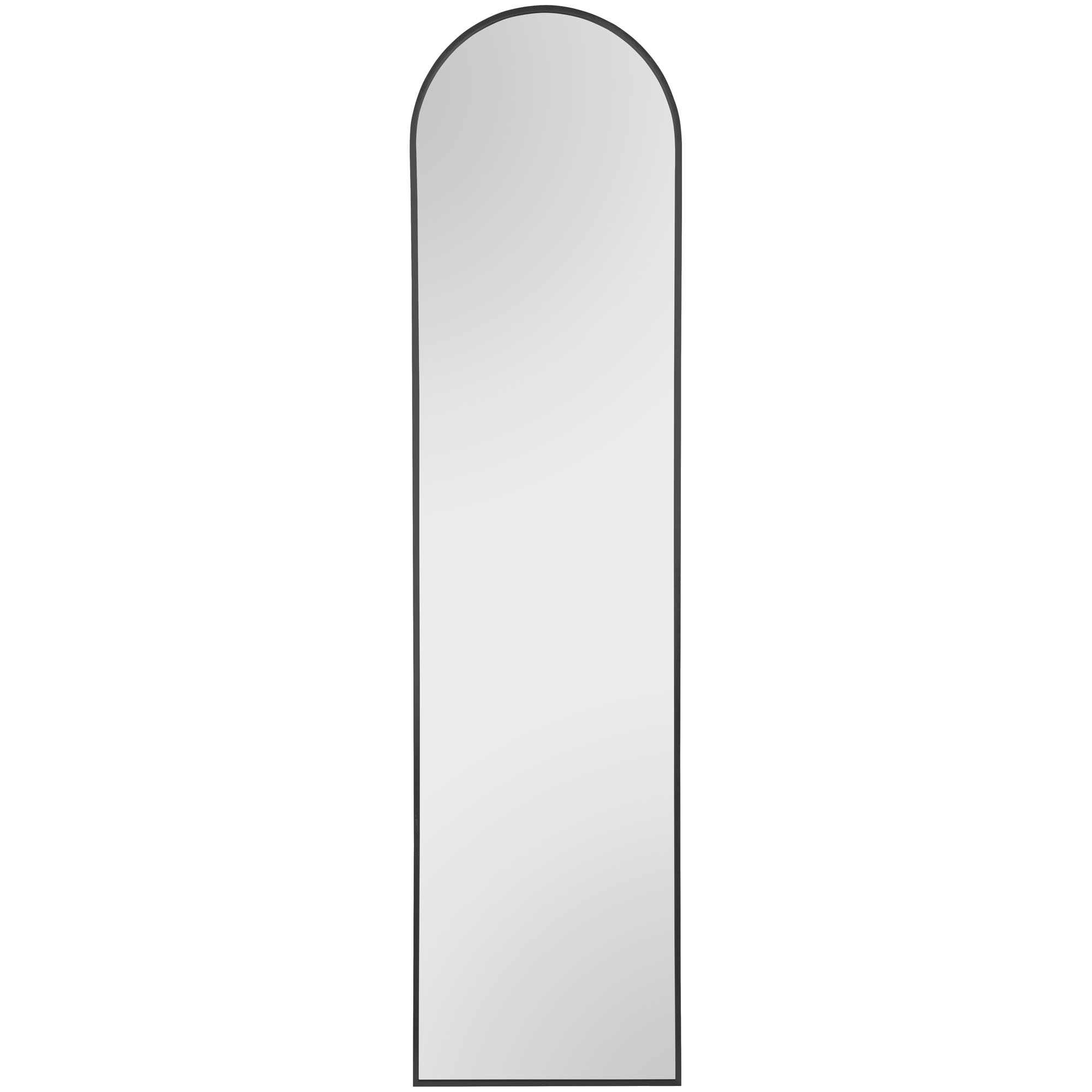 Standspiegel Britt in Schwarz, freigestellt in einer zweiten Gesamtansicht; zu sehen ist die hohe, schmale Form mit bogenförmig gerundetem oberen Abschluss und Standfuß; Maße ca. 40 x 160 x 4 cm.