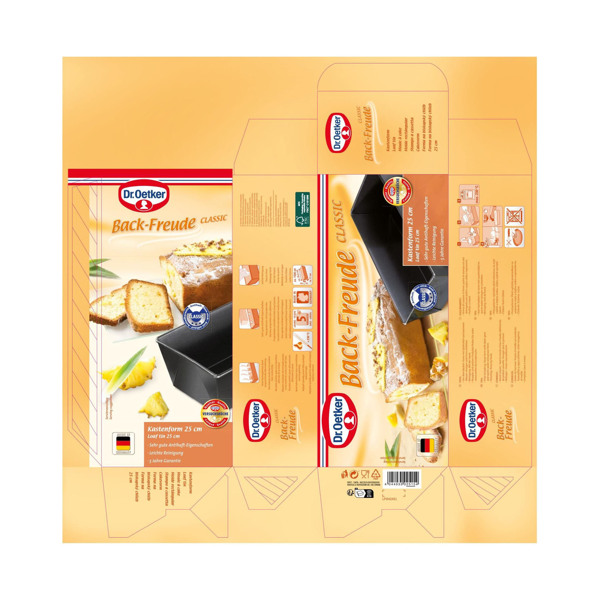 Stanzlayout der Verpackung mit Druckdesign der Kastenform 25 cm