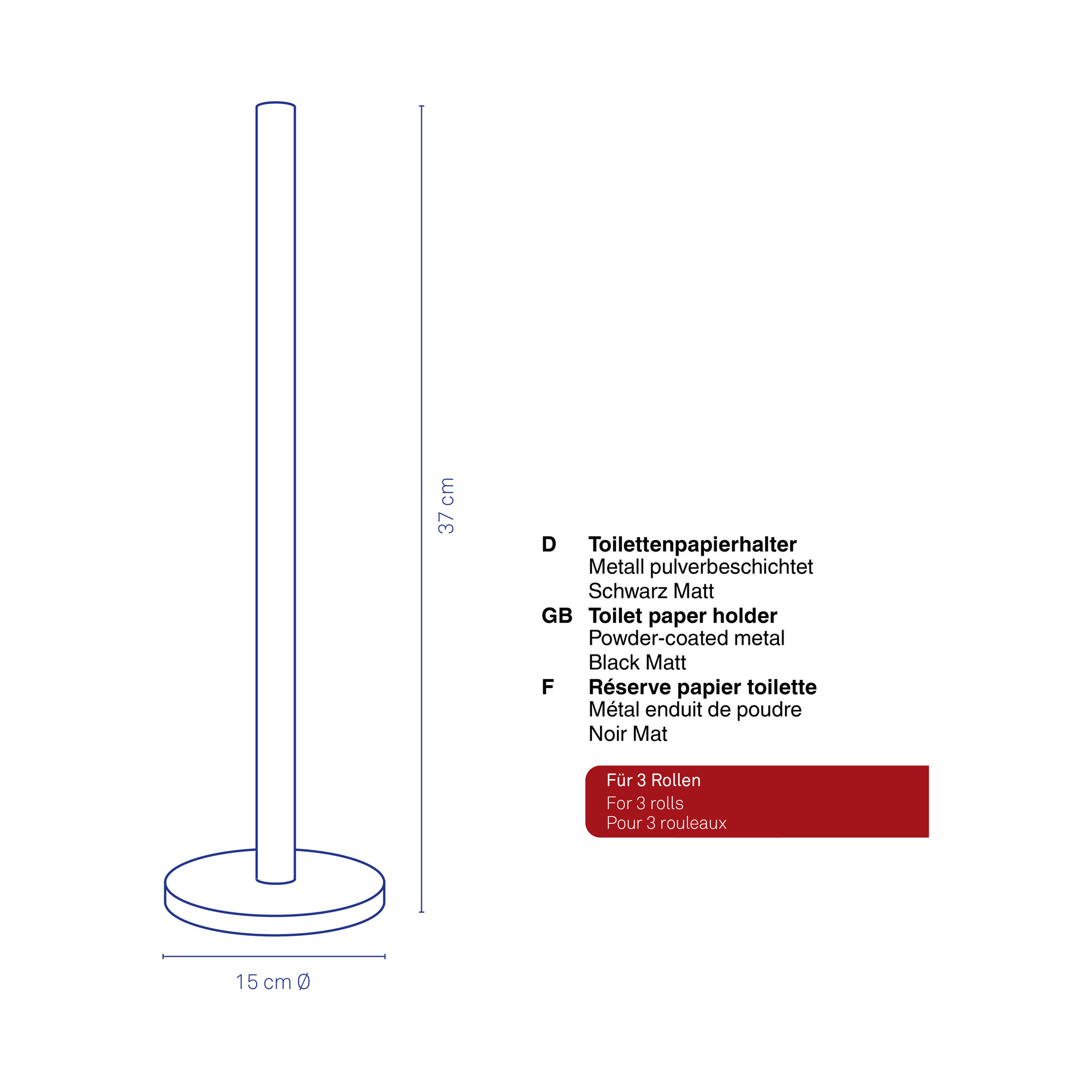Schematische Zeichnung des freistehenden Toilettenpapierhalters mit eingezeichneten Abmessungen und Produkthinweisen