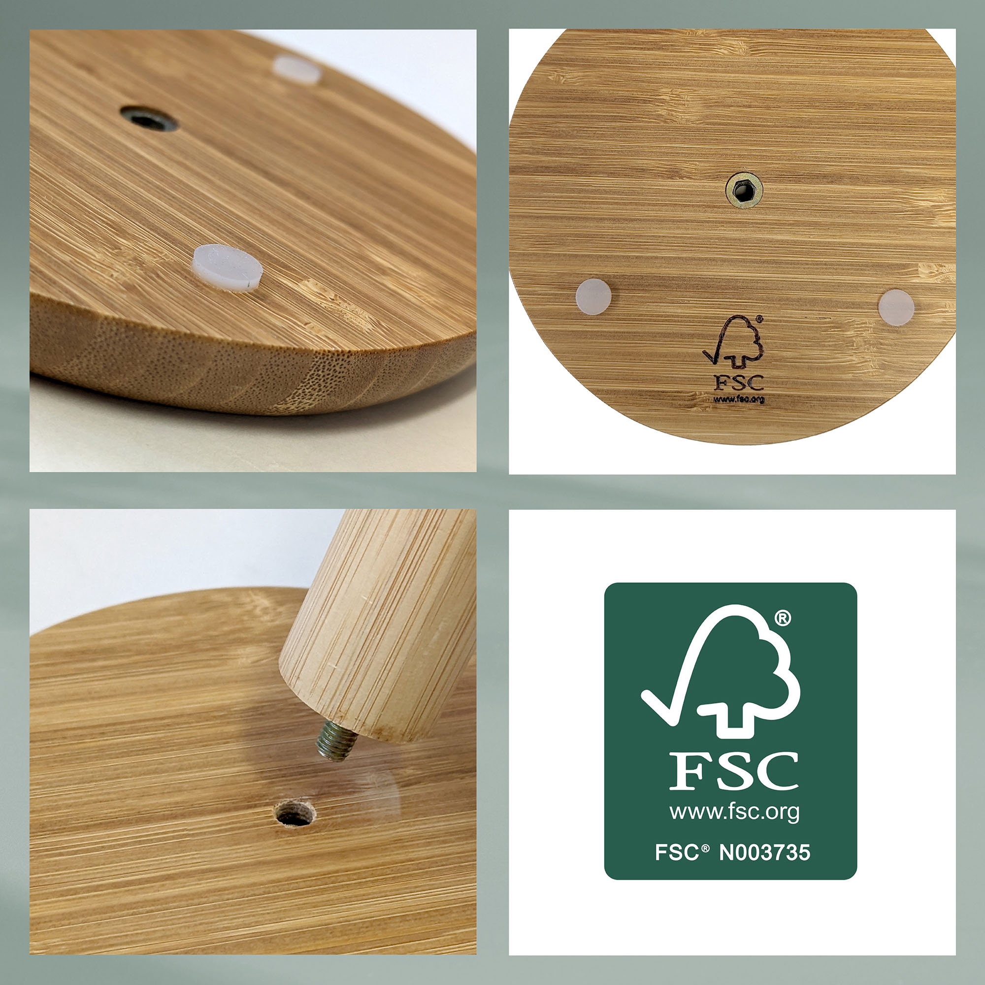 Vier Detailbilder zeigen die Unterseite des Bambussockels eine Befestigungsstelle die Holzmaserung und ein FSC Kennzeichen
