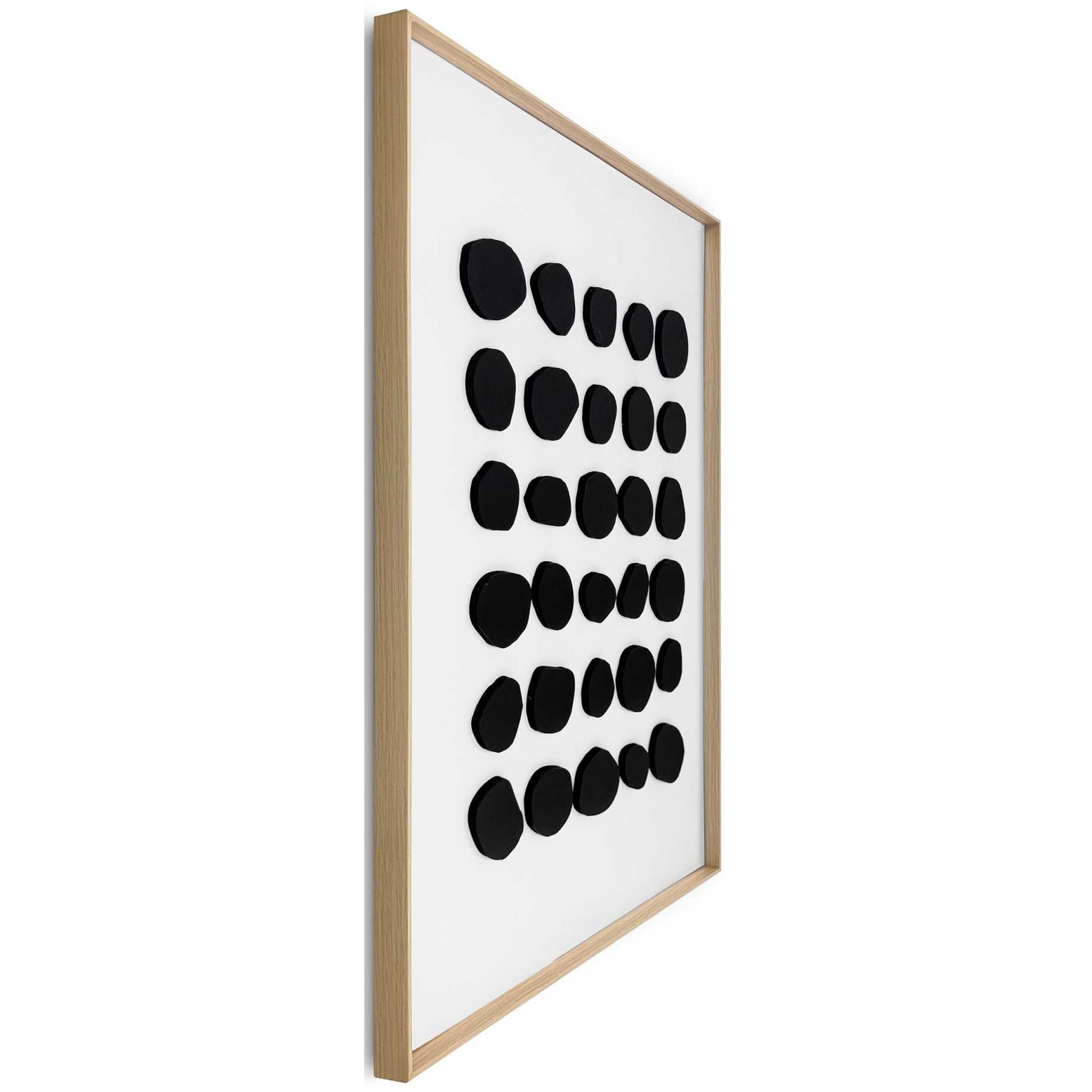 Seitliche Schrägansicht des Wandbilds „Black Dots“, 50 × 70 cm; Profil, Kante und Tiefe des Bildes sind erkennbar.