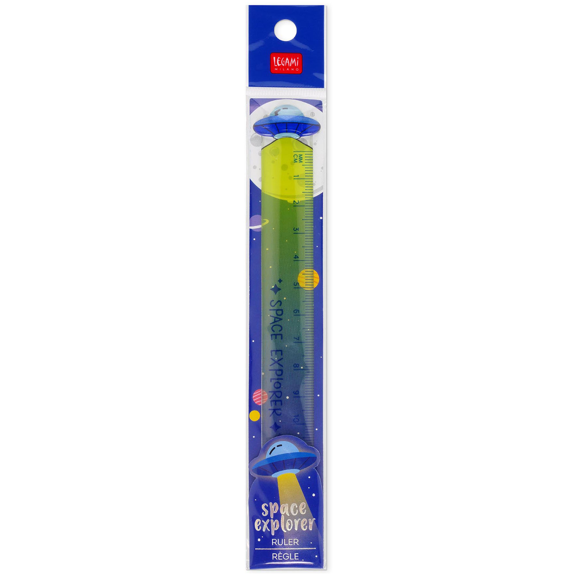 Gelb-blaues Lineal mit Weltraummotiv, in einer langen transparenten Blisterverpackung dargestellt.